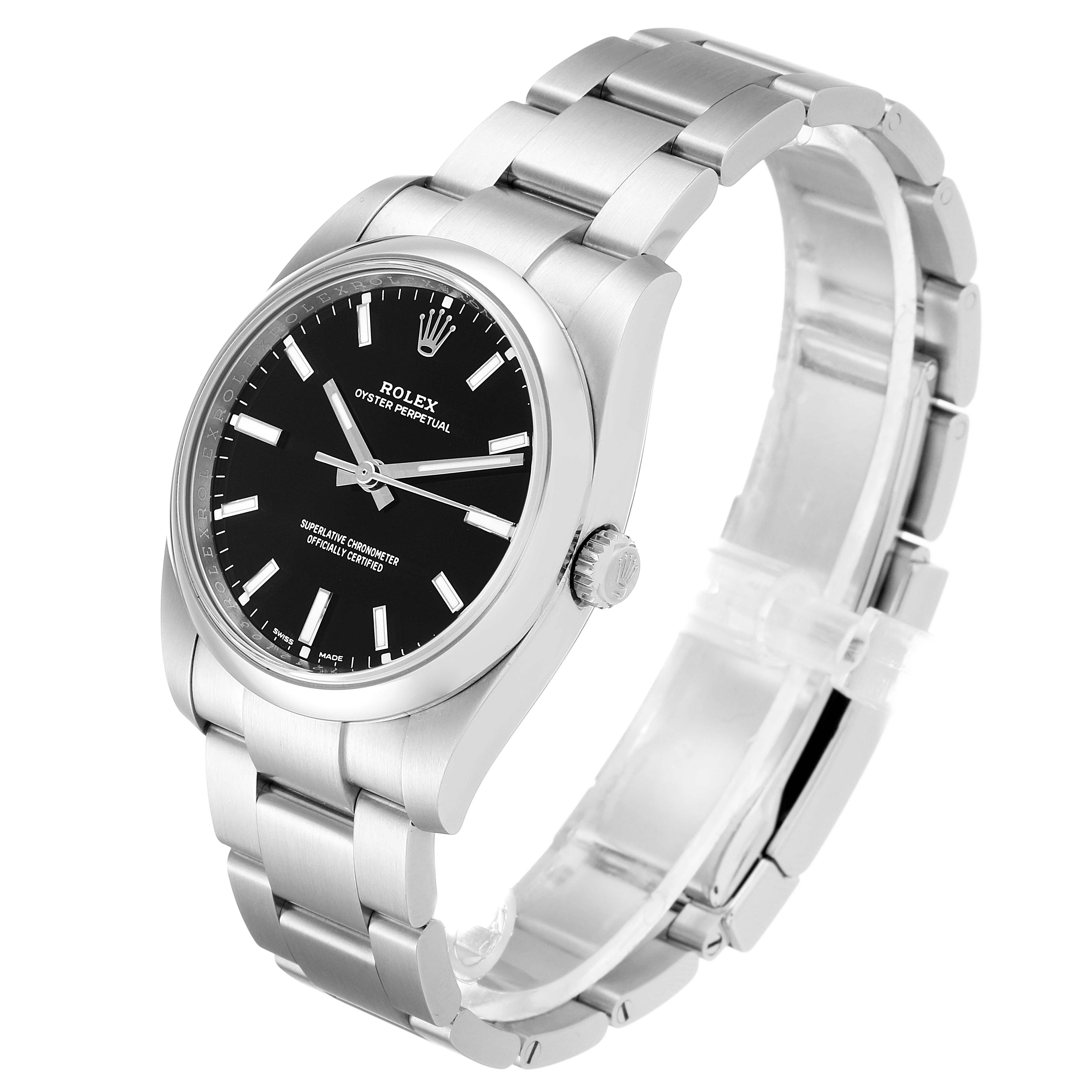 The image shows a side angle of the Rolex Oyster Perpetual 114200 Men's Stainless Steel Black Dial 114200 Men's Stainless Steel Black Dial watch, highlighting the face, crown, and bracelet.