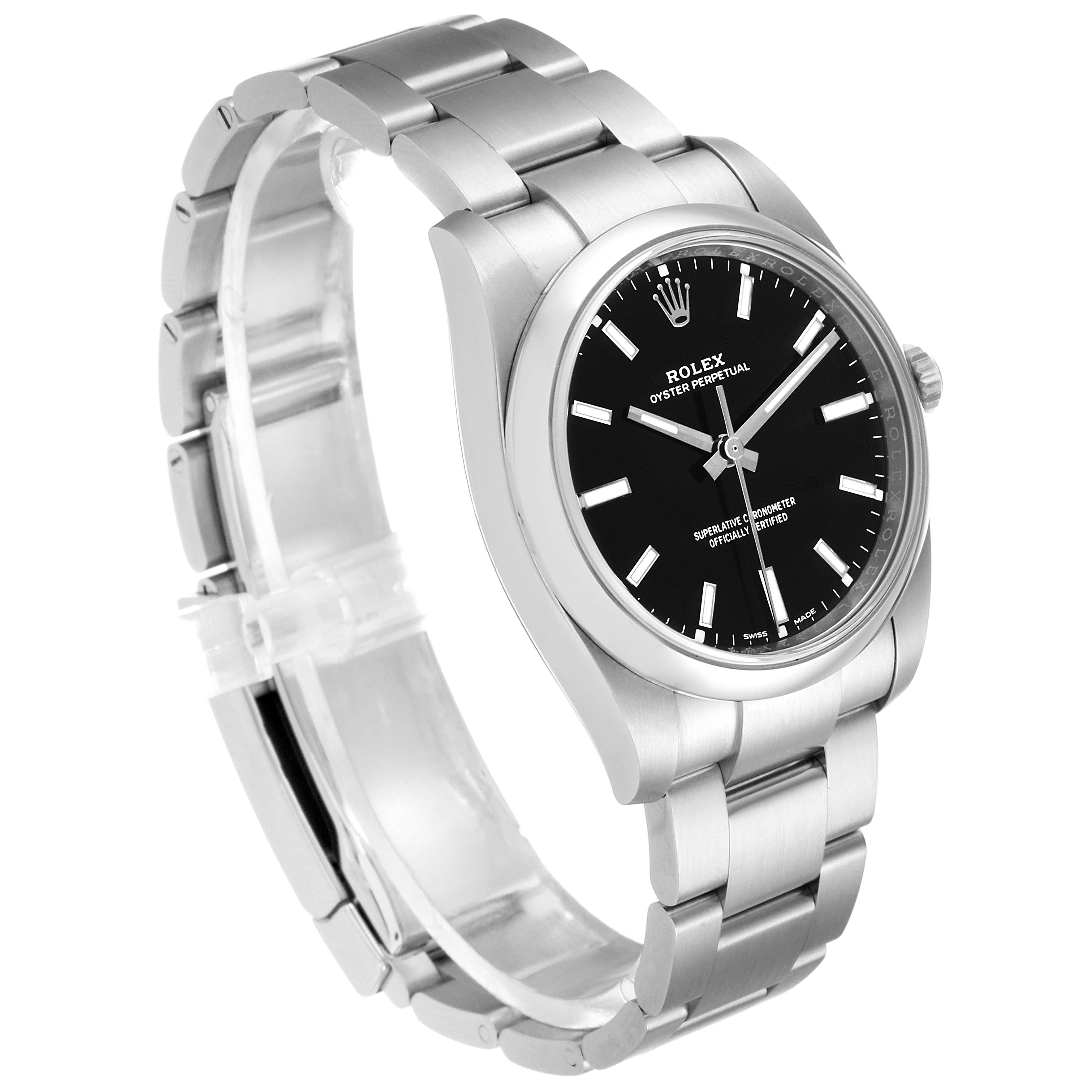 The image shows a Rolex Oyster Perpetual 114200 Men's Stainless Steel Black Dial 114200 Men's Stainless Steel Black Dial watch with a black dial and silver bracelet, angled slightly from the front and side.