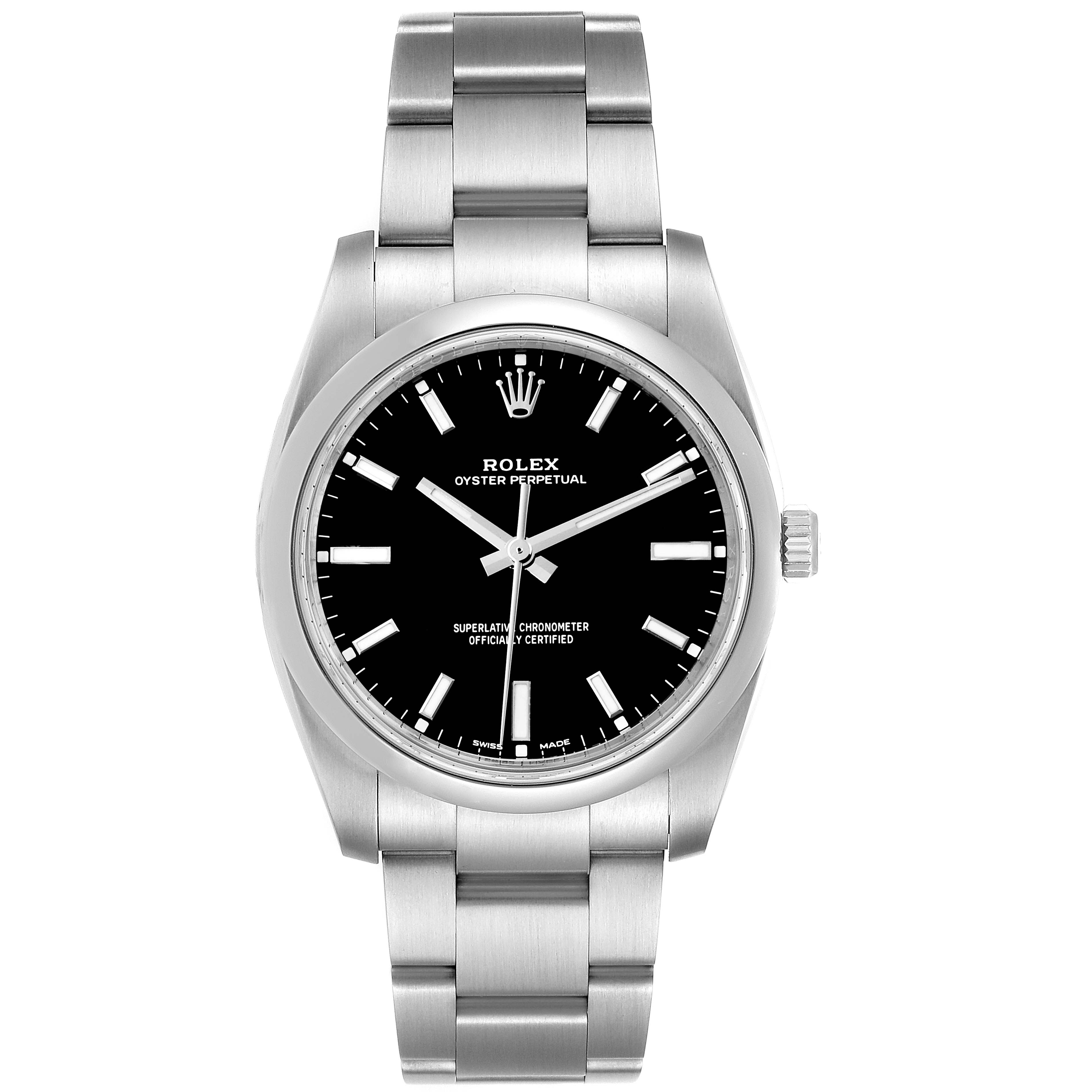 The image shows a frontal view of a Rolex Oyster Perpetual 114200 Men's Stainless Steel Black Dial 114200 Men's Stainless Steel Black Dial watch, displaying its face, crown, and bracelet.