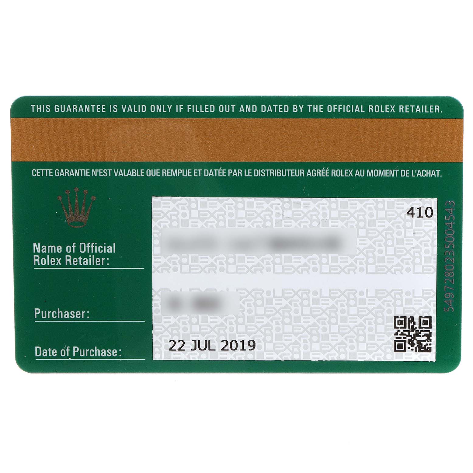 This image shows a warranty card for the Rolex Oyster Perpetual 114200 Men's Stainless Steel Black Dial 114200 Men's Stainless Steel Black Dial model.