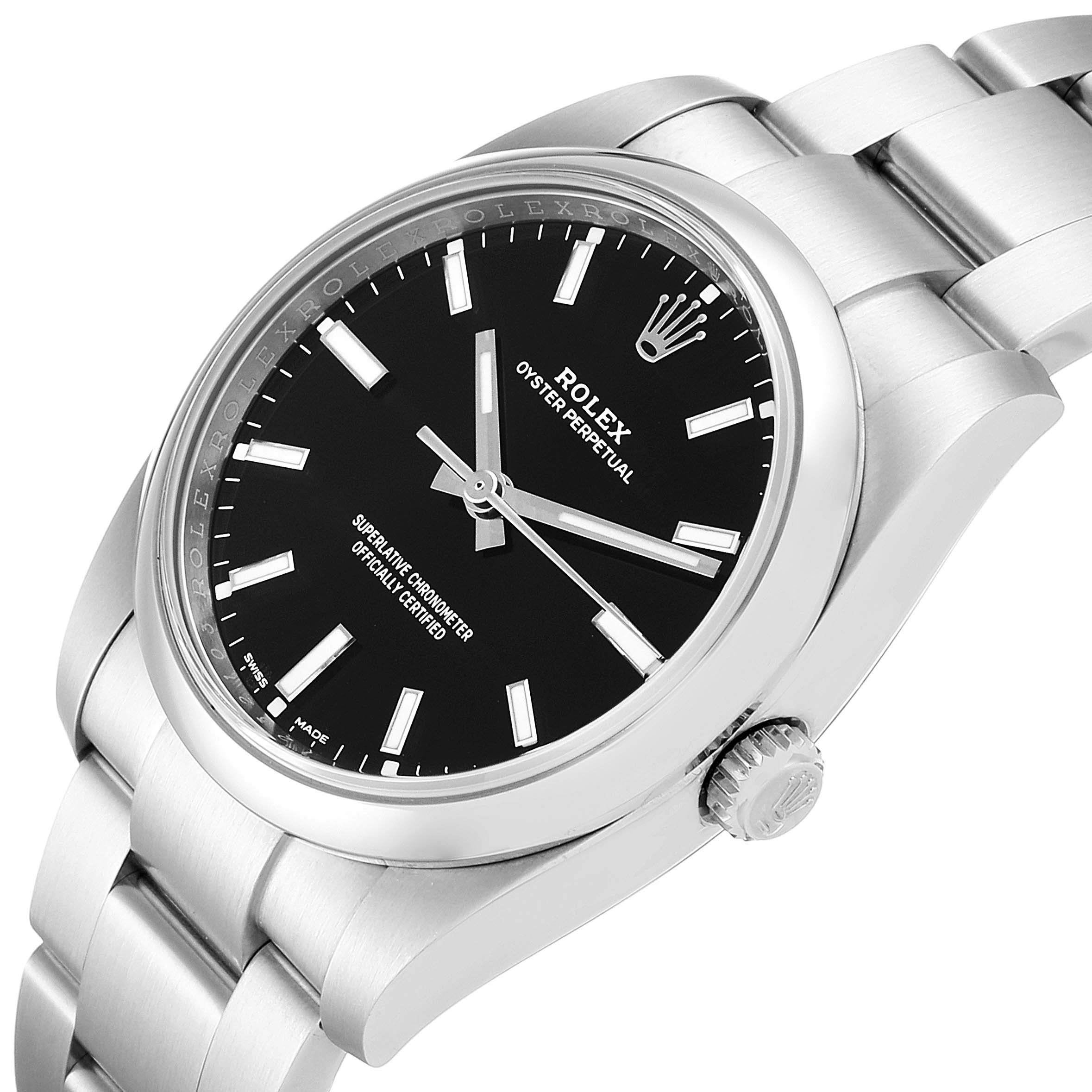 The image shows a close-up angled view of the Rolex Oyster Perpetual 114200 Men's Stainless Steel Black Dial 114200 Men's Stainless Steel Black Dial watch, highlighting its dial, crown, and bracelet.