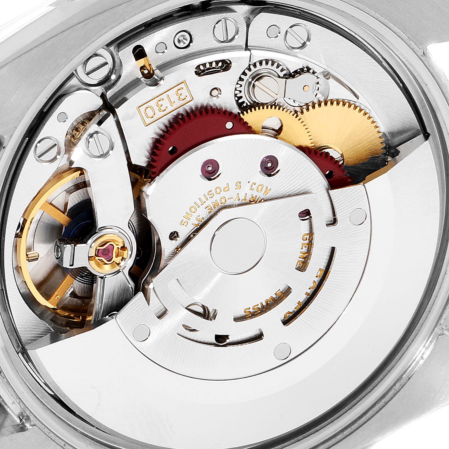 The image shows the intricate internal mechanical movement of a Rolex Oyster Perpetual 114200 Men's Stainless Steel Black Dial 114200 Men's Stainless Steel Black Dial watch from the back.