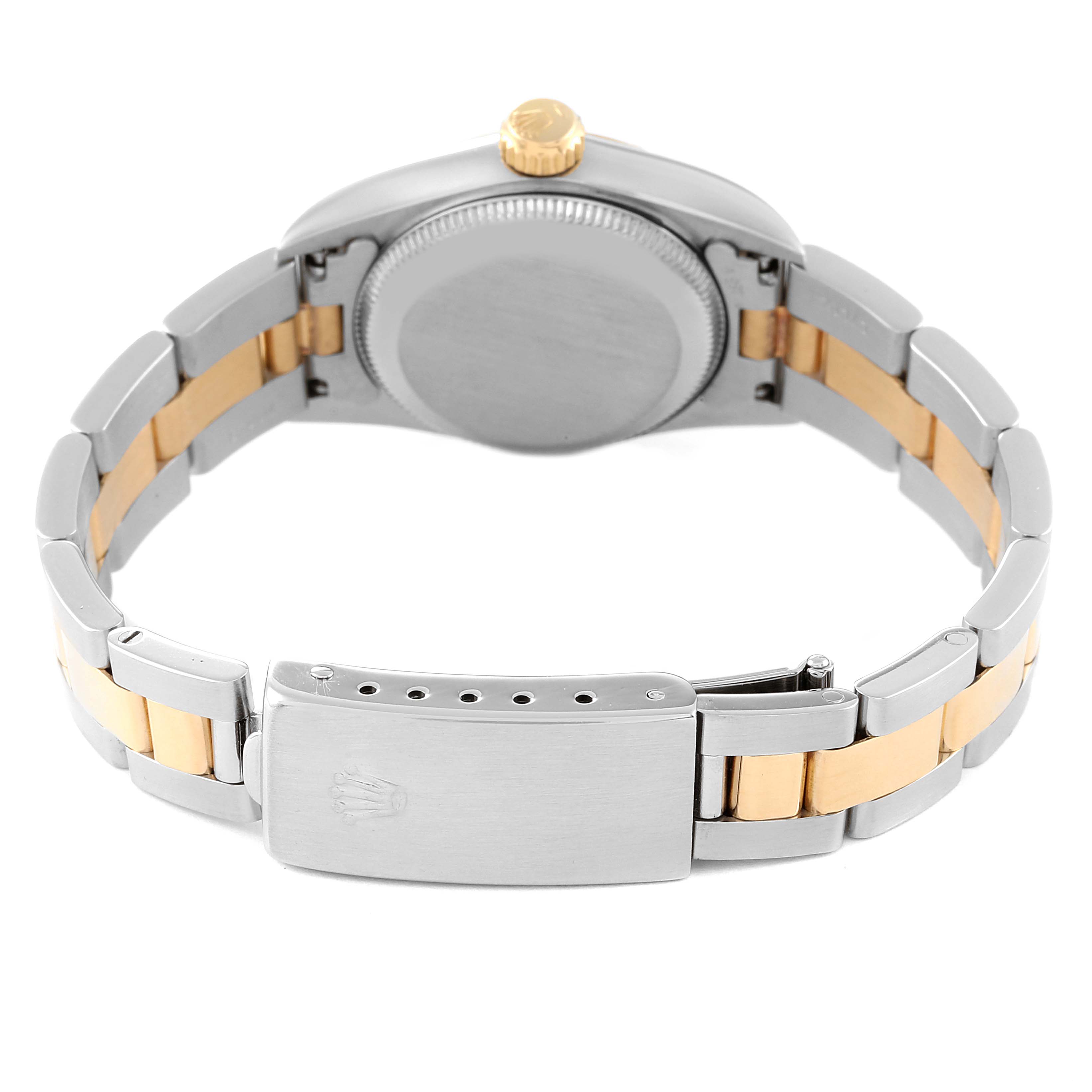 This image shows the back view of the Rolex Oyster Perpetual 67233 Women's Steel and Gold (two tone) Silver Dial 67233 Women's Steel and Gold (two tone) Silver Dial watch, highlighting the case back and bracelet clasp.