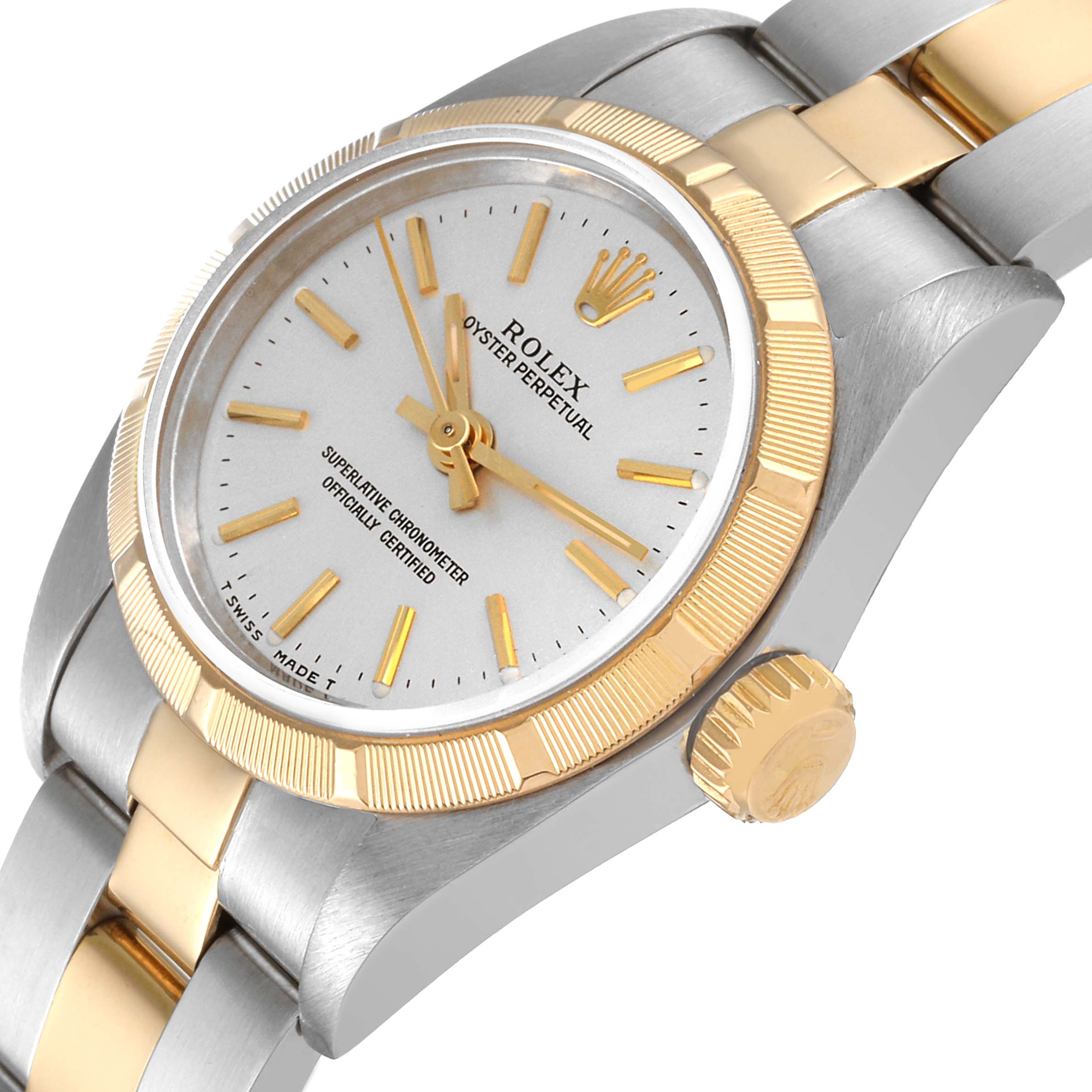 The image shows a Rolex Oyster Perpetual 67233 Women's Steel and Gold (two tone) Silver Dial 67233 Women's Steel and Gold (two tone) Silver Dial watch, angled to highlight the face, bezel, crown, and part of the bracelet.
