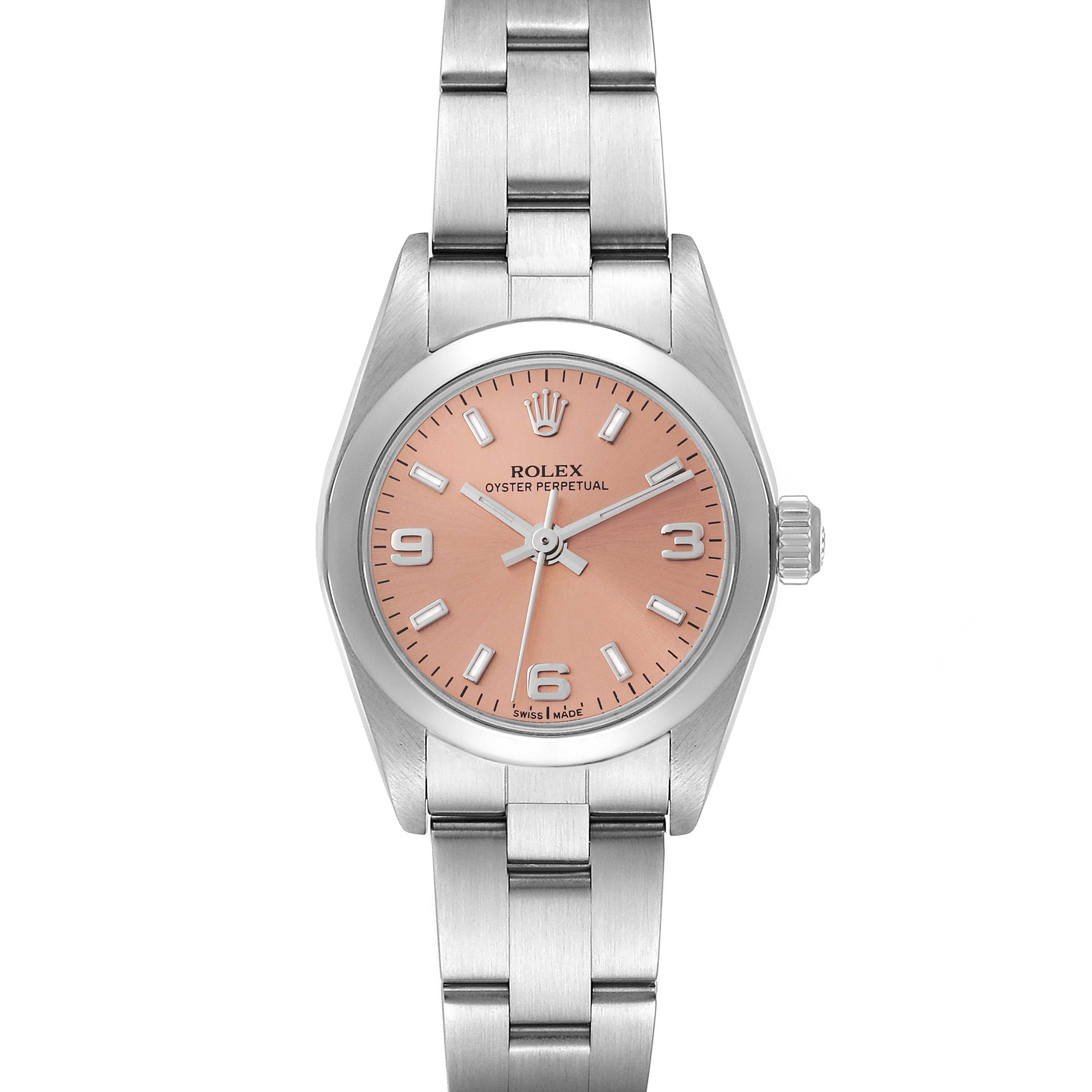 The image shows a front view of a Rolex Oyster Perpetual 76080 Women
s Stainless Steel Pink Dial 76080 Women
s Stainless Steel Pink Dial watch with a pink dial and silver bracelet.