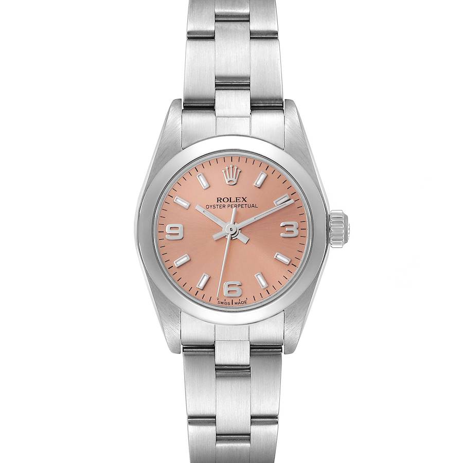 Rolex Oyster Perpetual Salmon Dial Smooth Bezel Steel Ladies Watch 76080 SwissWatchExpo