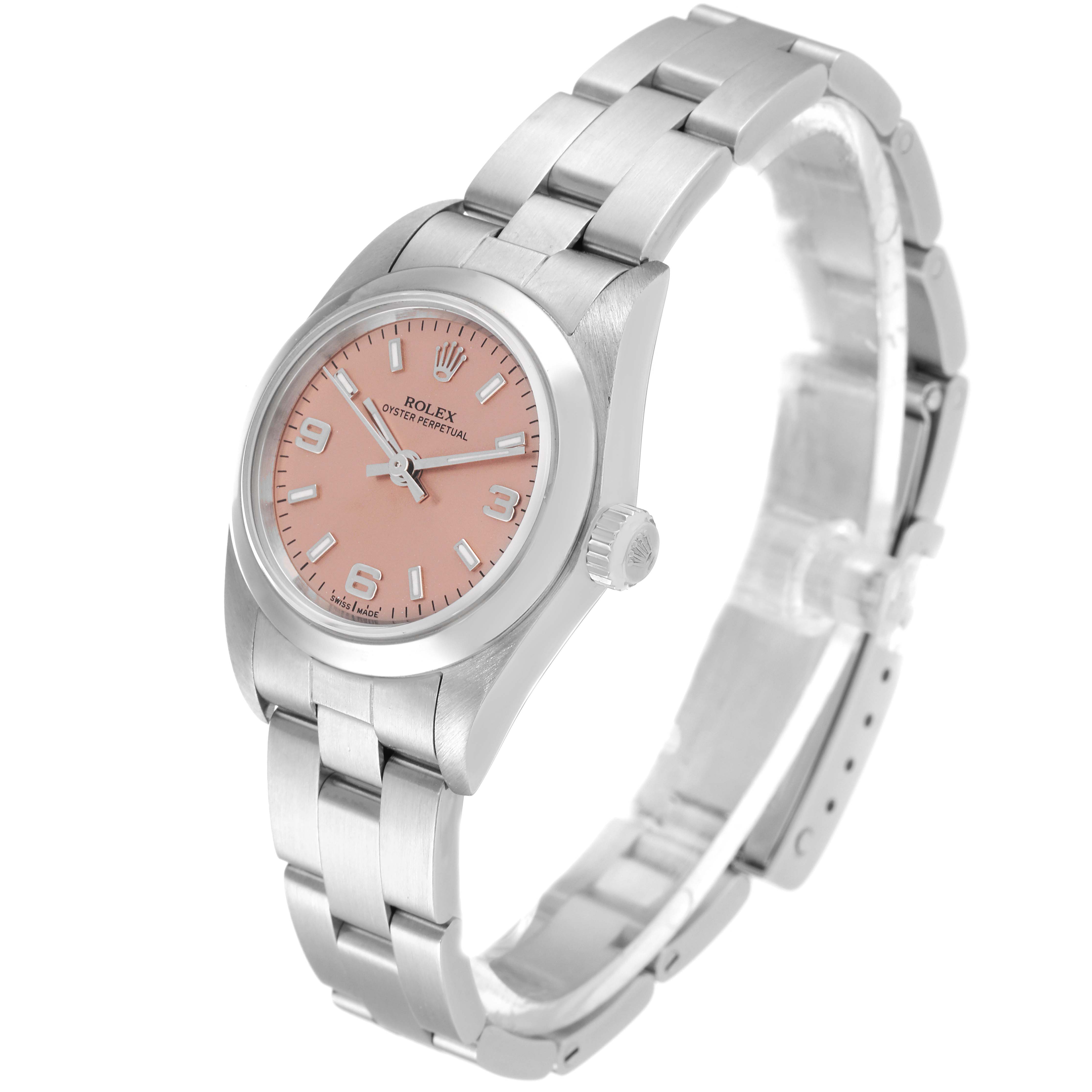 The image shows a side angle of a Rolex Oyster Perpetual 76080 Women
s Stainless Steel Pink Dial 76080 Women
s Stainless Steel Pink Dial watch featuring a pink dial and a stainless steel bracelet.