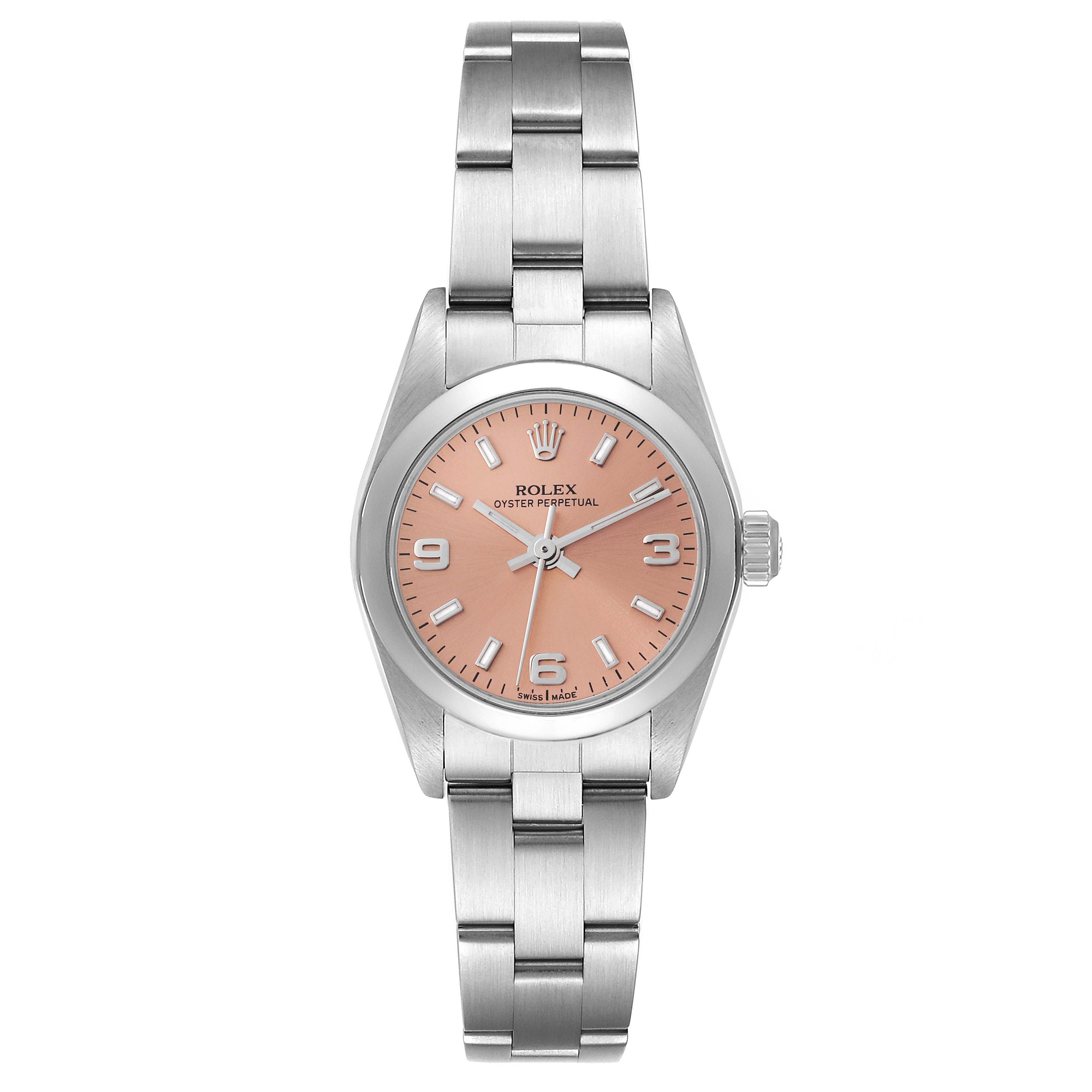 This image shows a frontal view of a Rolex Oyster Perpetual 76080 Women
s Stainless Steel Pink Dial 76080 Women
s Stainless Steel Pink Dial watch, displaying the dial, bezel, case, and bracelet.