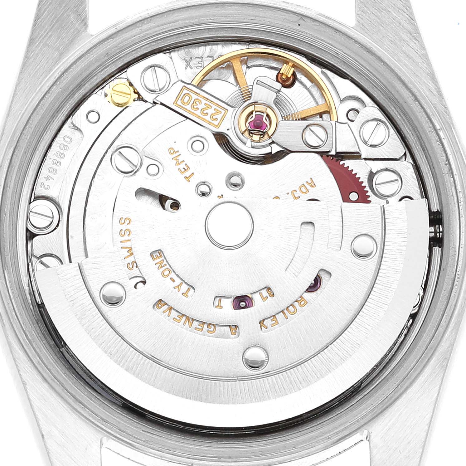 This image shows the internal movement mechanism of a Rolex Oyster Perpetual 76080 Women
s Stainless Steel Pink Dial 76080 Women
s Stainless Steel Pink Dial watch viewed from the back.