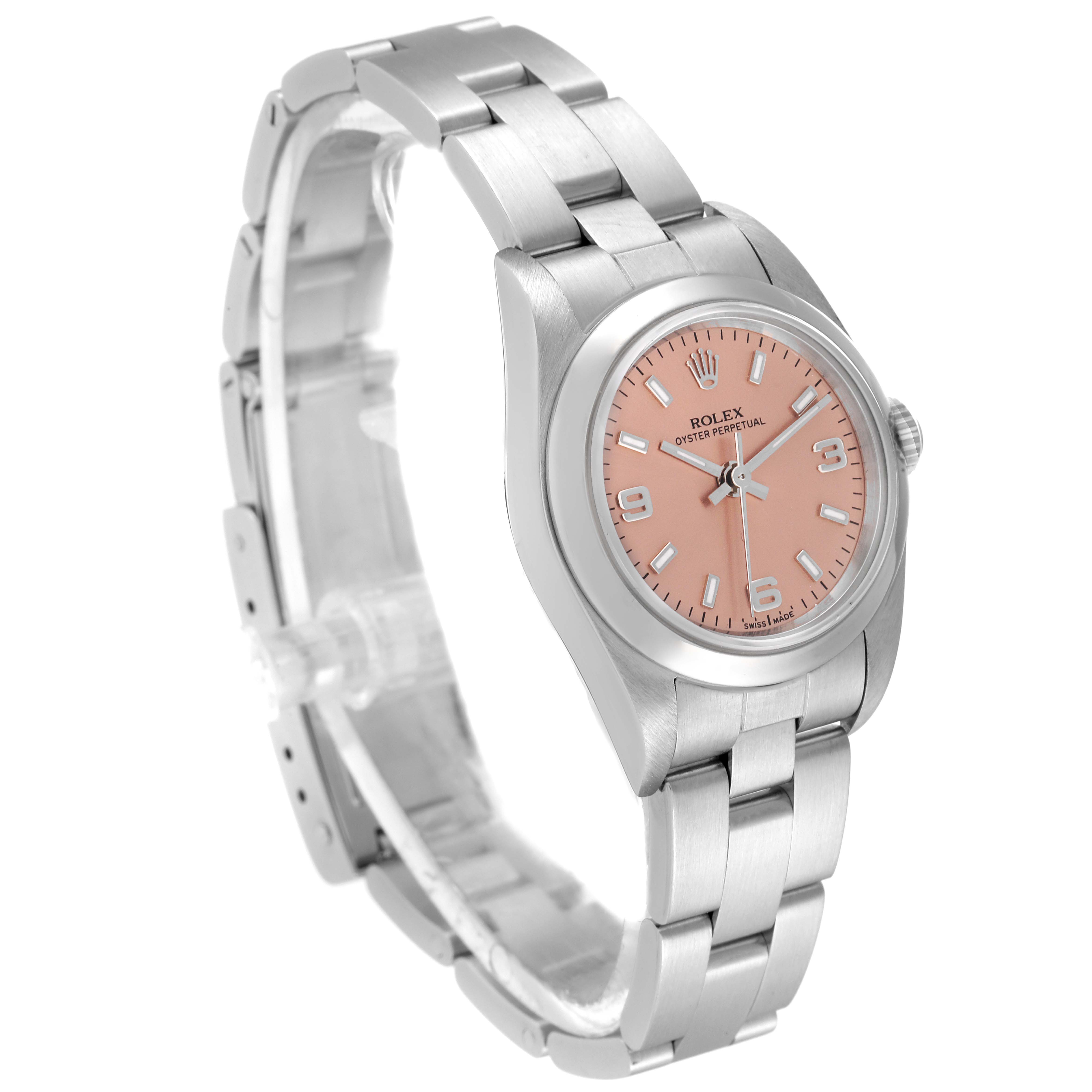 This image shows a side and front angled view of the Rolex Oyster Perpetual 76080 Women
s Stainless Steel Pink Dial 76080 Women
s Stainless Steel Pink Dial watch, highlighting its pink dial and stainless steel bracelet.