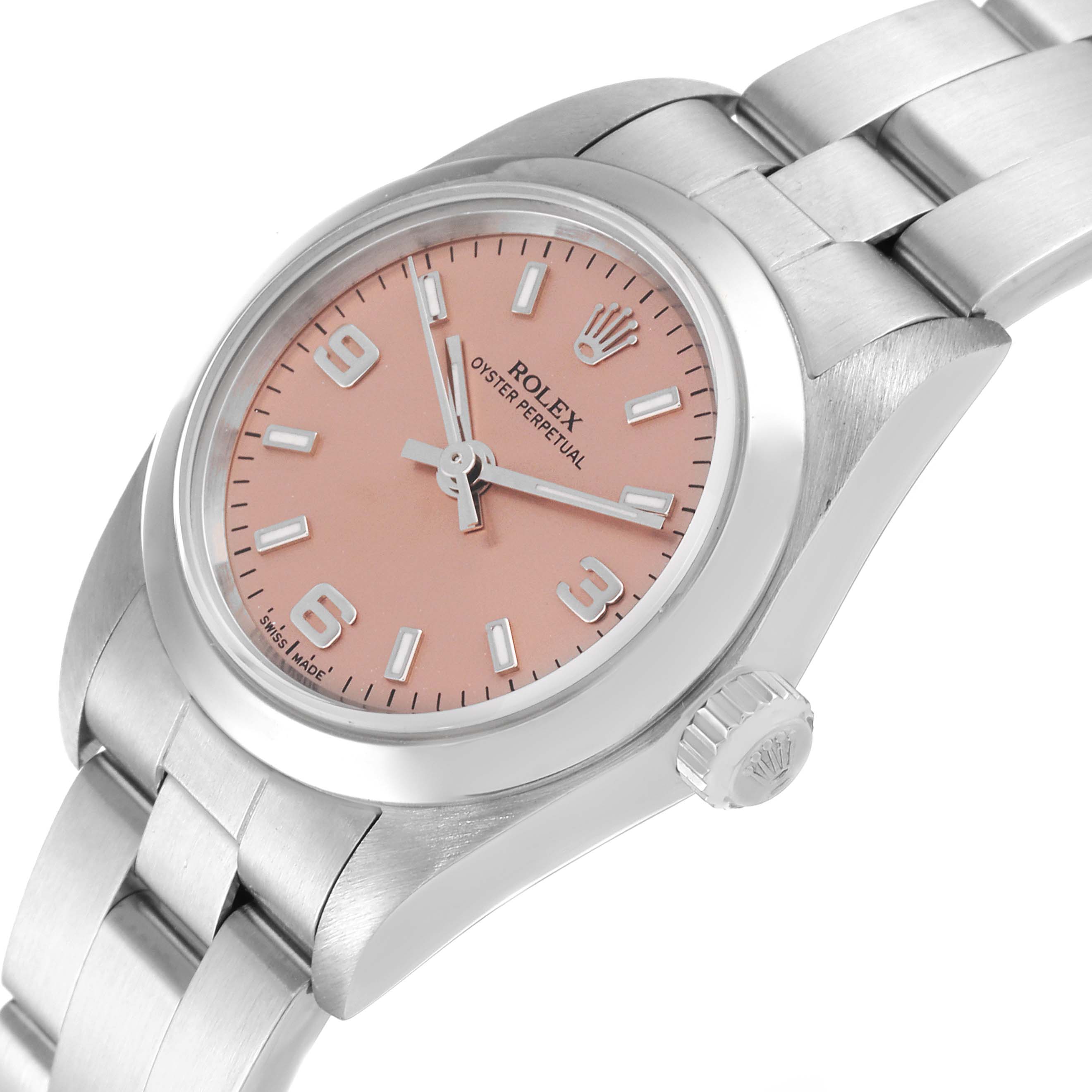 This Rolex Oyster Perpetual 76080 Women
s Stainless Steel Pink Dial 76080 Women
s Stainless Steel Pink Dial watch is shown at a slight angle, displaying the face, bezel, and part of the bracelet.