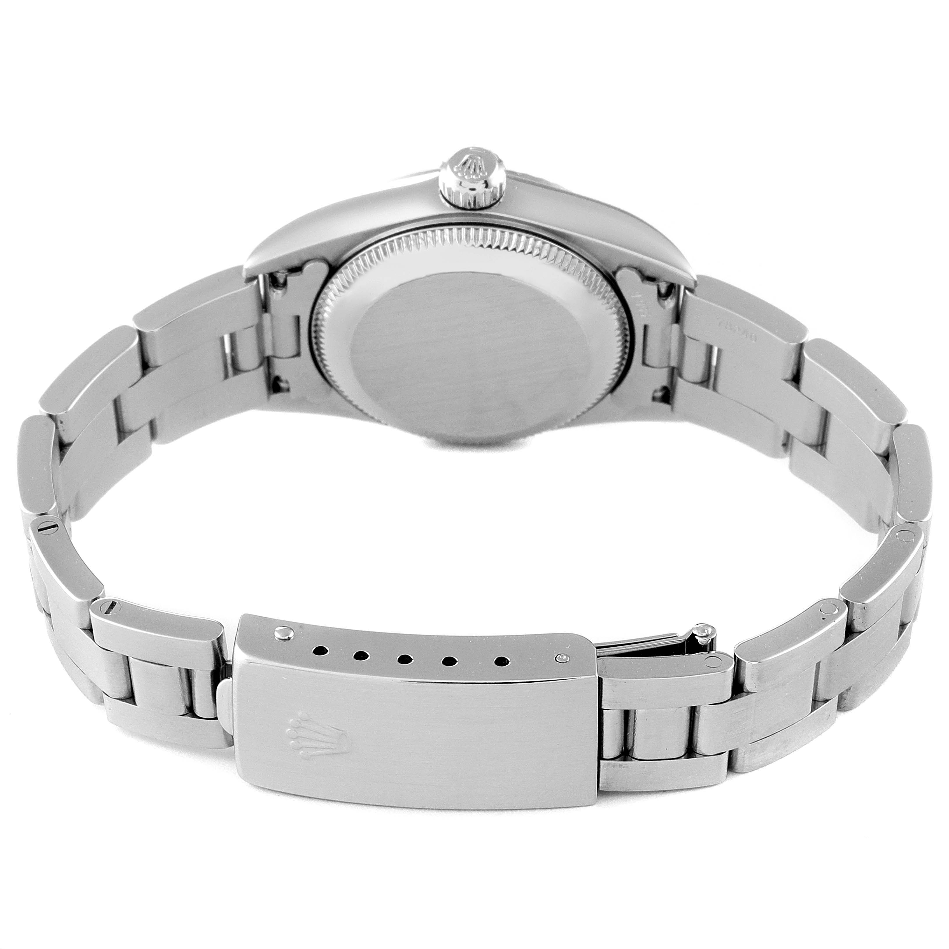 This image shows the back view of the Rolex Oyster Perpetual 76094 Women's Stainless Steel Black Dial 76094 Women's Stainless Steel Black Dial watch, highlighting the bracelet and clasp.