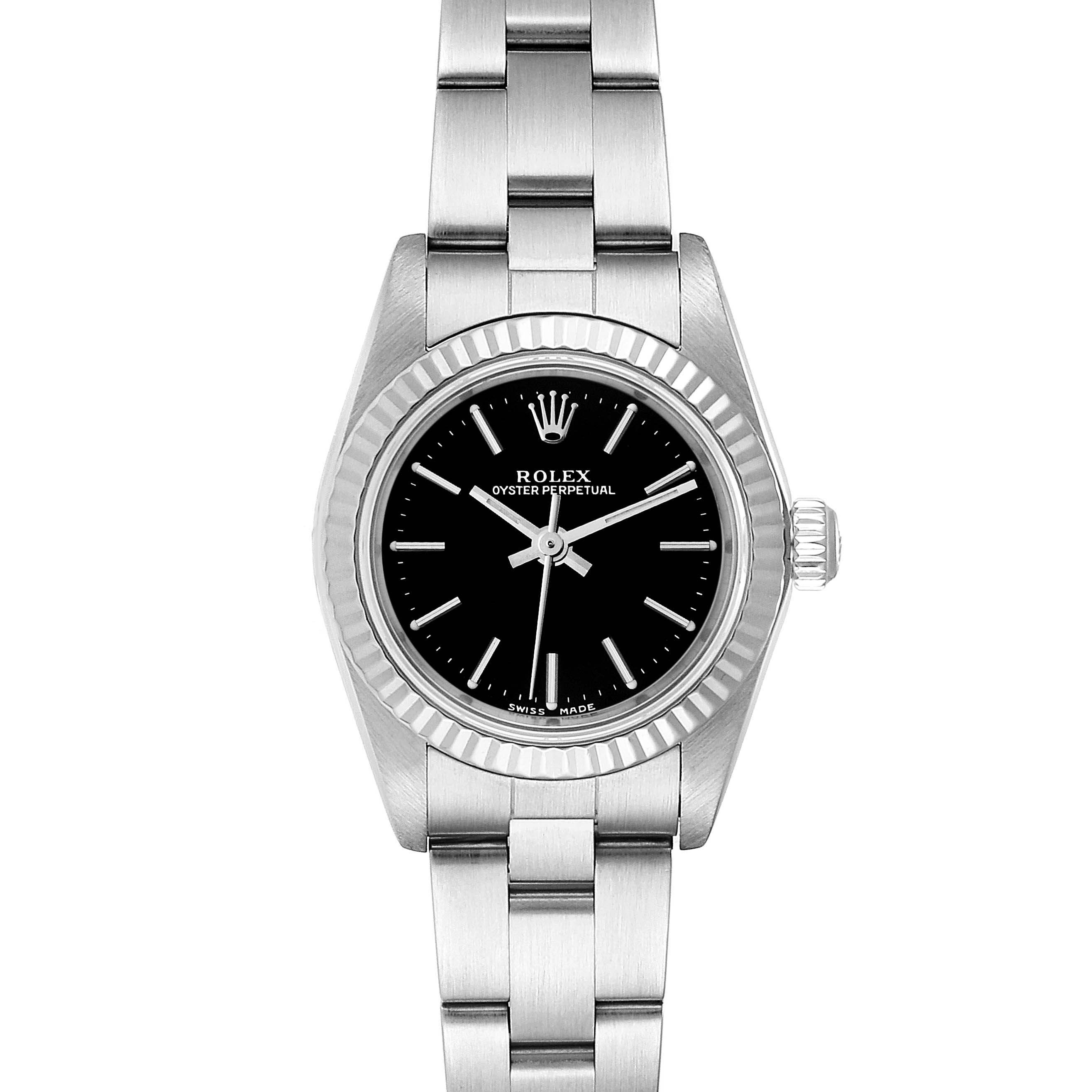 This Rolex Oyster Perpetual 76094 Women's Stainless Steel Black Dial 76094 Women's Stainless Steel Black Dial watch is shown from a front angle, displaying the bracelet, case, dial, and crown.