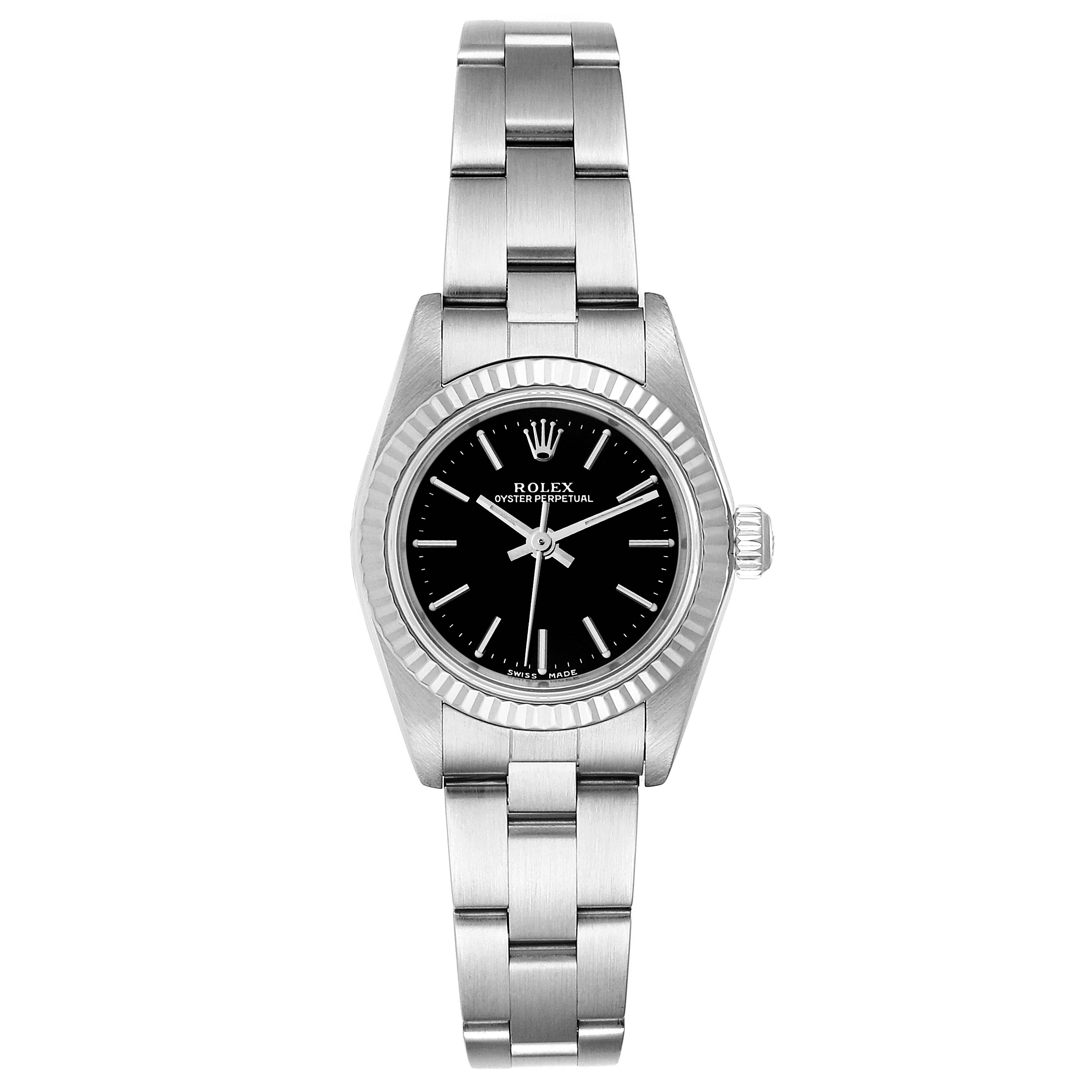 This image shows a front view of a Rolex Oyster Perpetual 76094 Women's Stainless Steel Black Dial 76094 Women's Stainless Steel Black Dial watch, displaying the face, bezel, and bracelet.