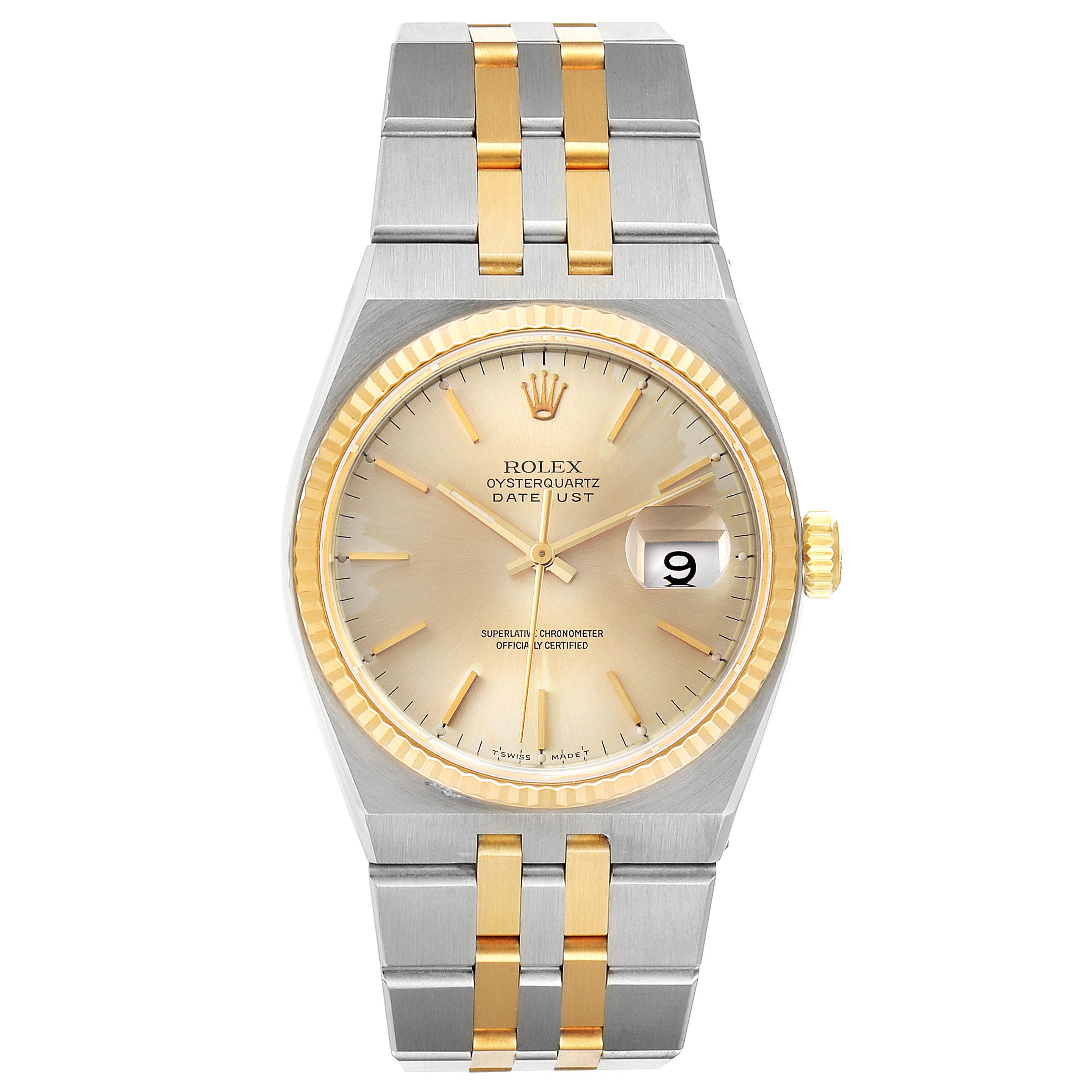 The Rolex Oysterquartz 17013 Men's Steel and Gold (two tone) Champagne Dial 17013 Men's Steel and Gold (two tone) Champagne Dial watch is shown from a top-down angle, displaying the dial, bezel, crown, and full bracelet.