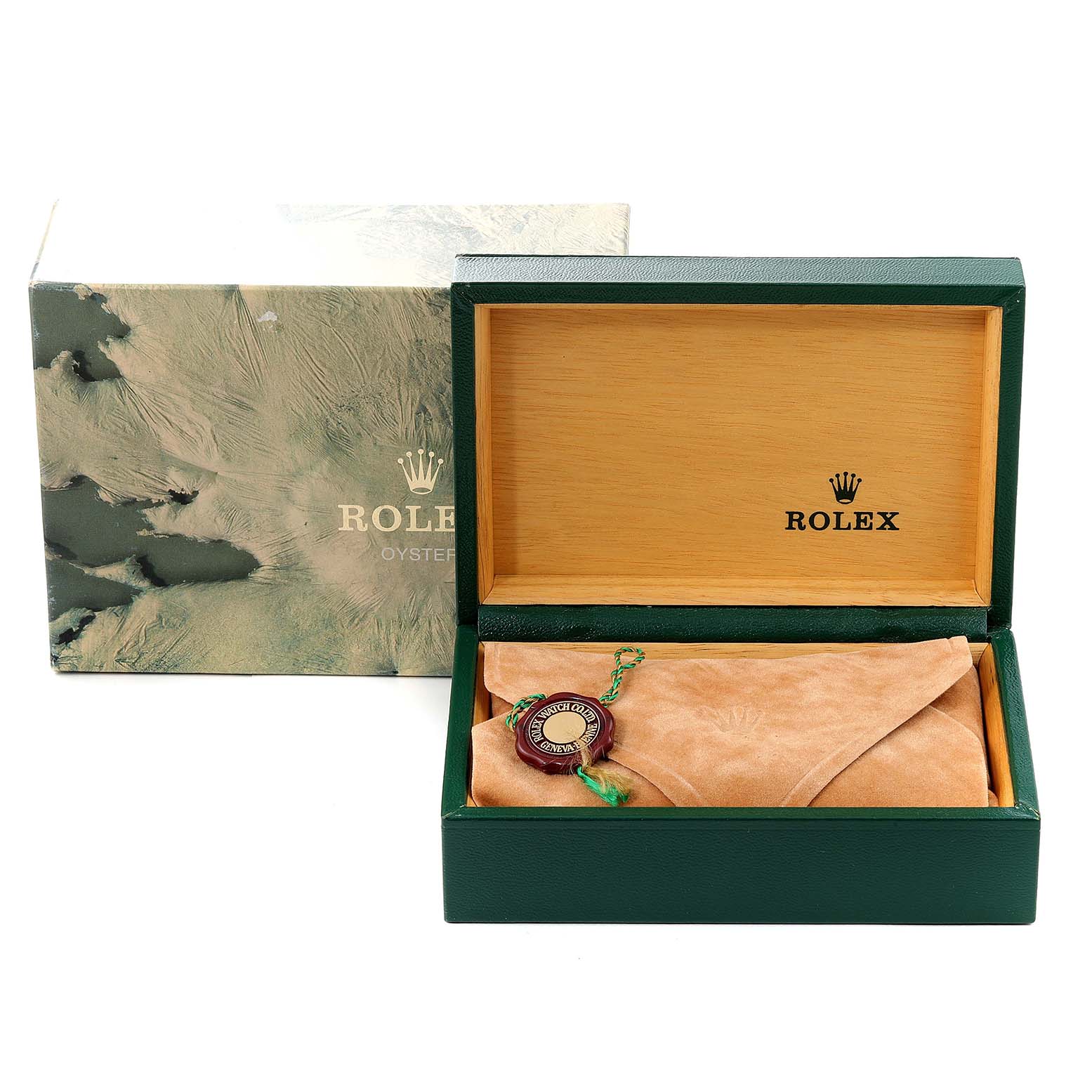 The image shows the packaging of a Rolex Oysterquartz 17013 Men's Steel and Gold (two tone) Champagne Dial 17013 Men's Steel and Gold (two tone) Champagne Dial watch, including its outer box, inner wooden box, and a protective pouch.