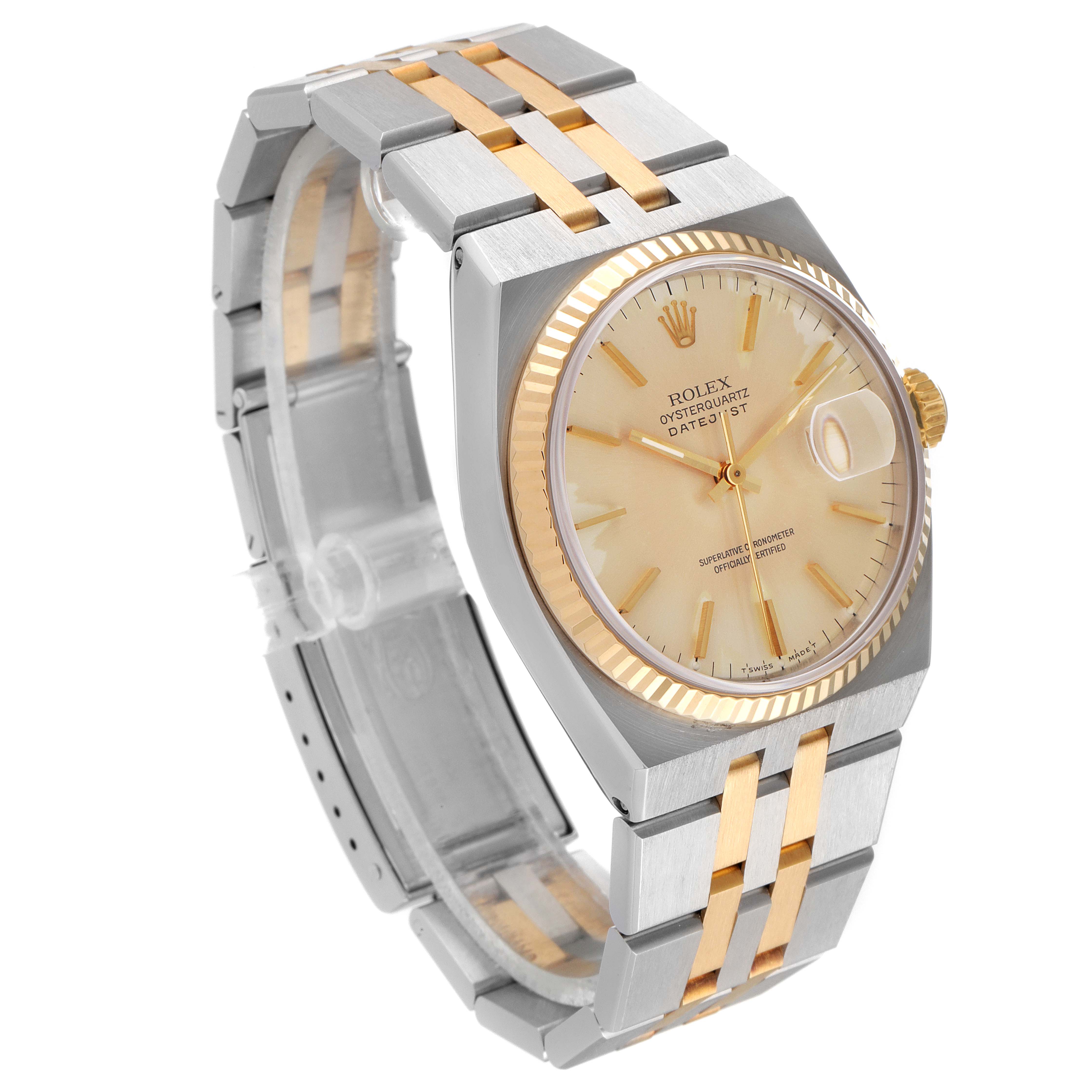 This image shows a side view of the Rolex Oysterquartz 17013 Men's Steel and Gold (two tone) Champagne Dial 17013 Men's Steel and Gold (two tone) Champagne Dial watch, highlighting its band, dial, and crown.