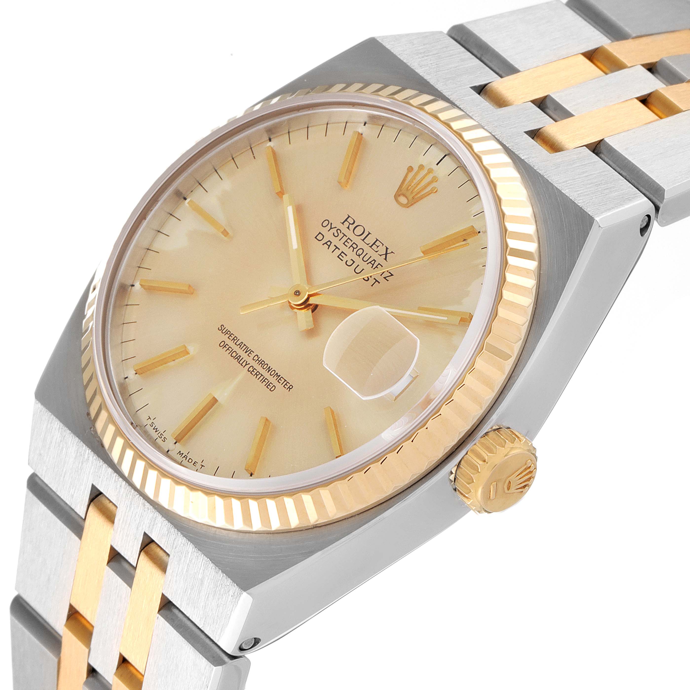 The image shows a Rolex Oysterquartz 17013 Men's Steel and Gold (two tone) Champagne Dial 17013 Men's Steel and Gold (two tone) Champagne Dial watch at an angle highlighting the face, crown, and part of the bracelet.