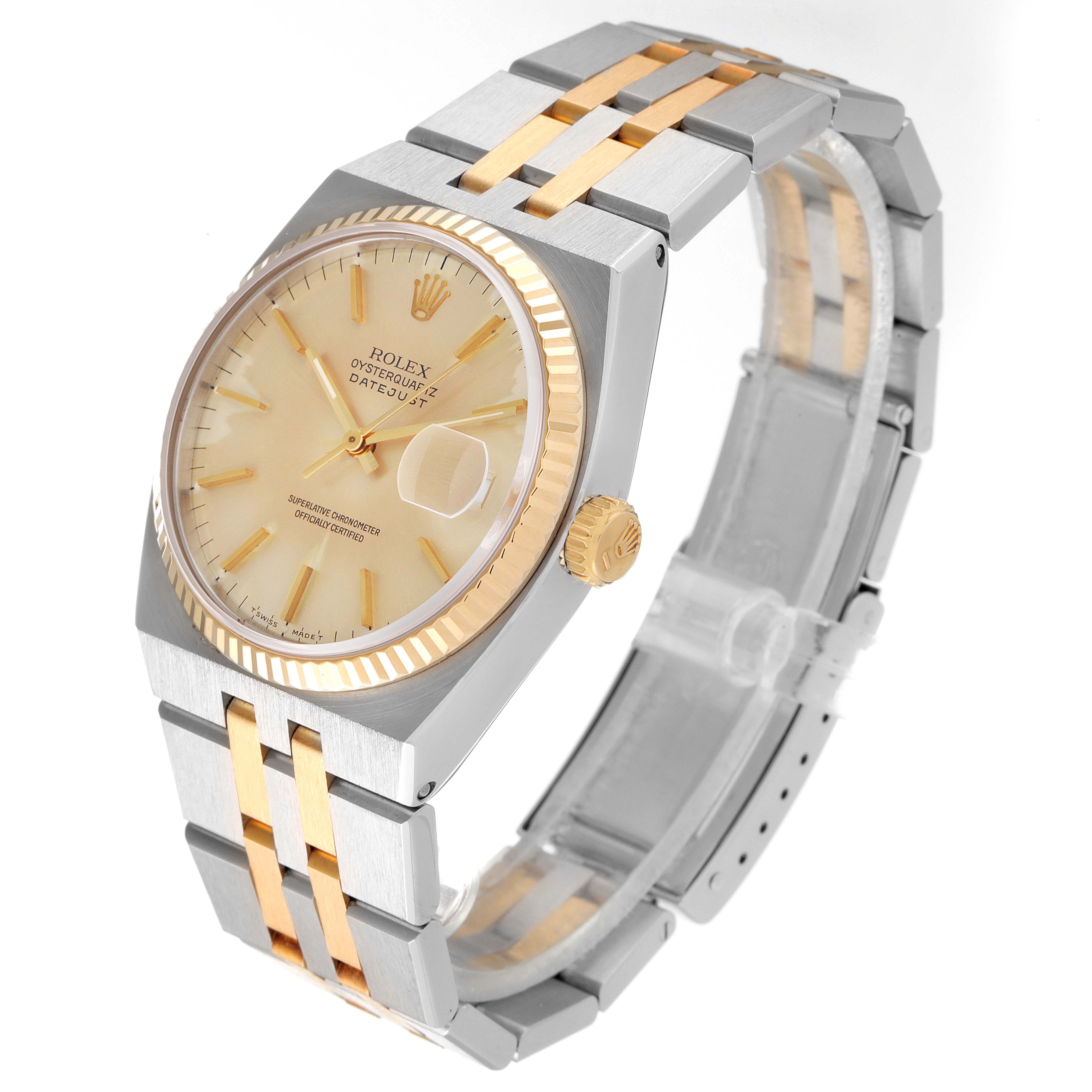 The image shows a Rolex Oysterquartz 17013 Men's Steel and Gold (two tone) Champagne Dial 17013 Men's Steel and Gold (two tone) Champagne Dial model watch from an angled side view, highlighting its face, bezel, crown, and bracelet.