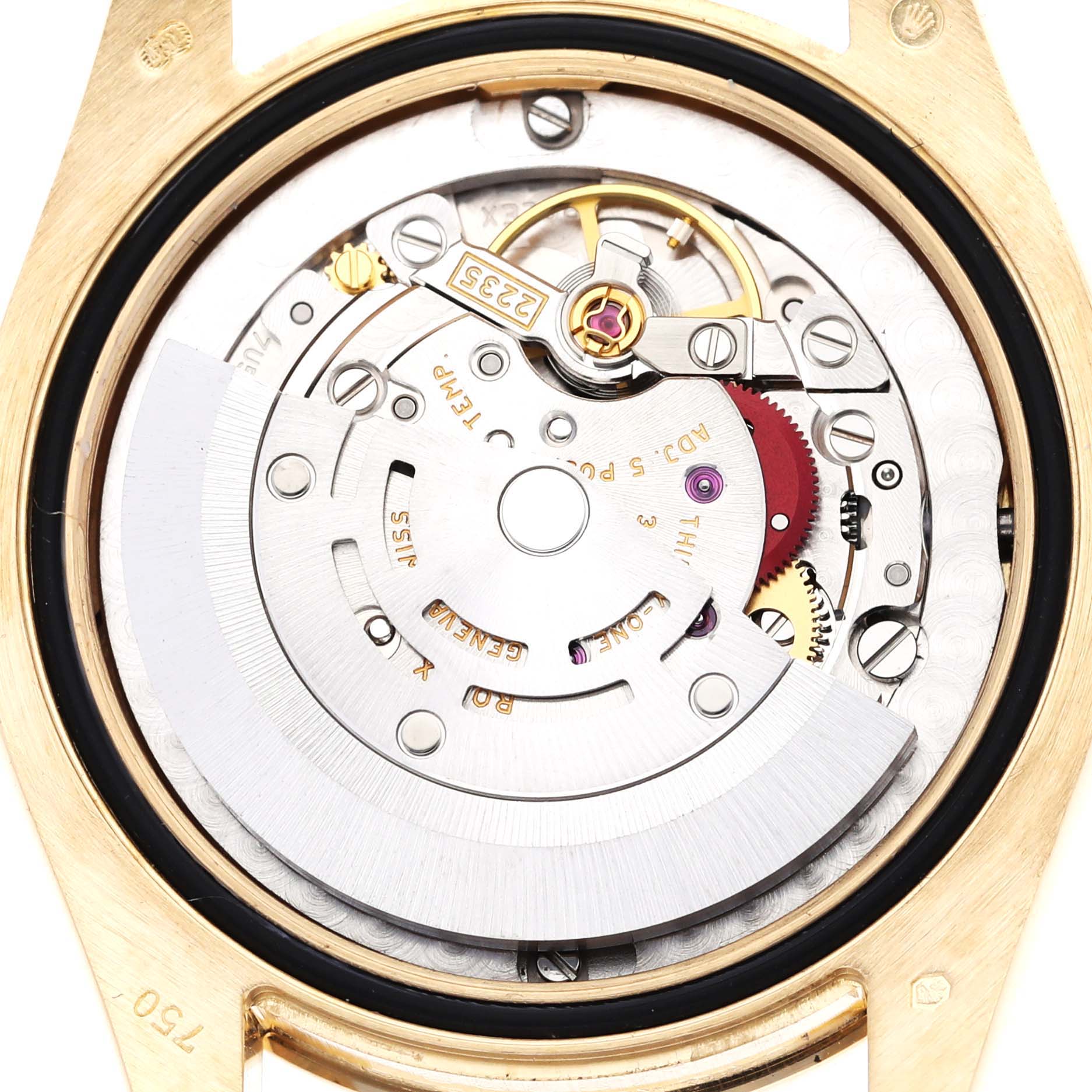 The image shows the movement and internal mechanism of a Rolex President 178288 Women's Yellow Gold Champagne Dial 178288 Women's Yellow Gold Champagne Dial model watch from a top-down angle.