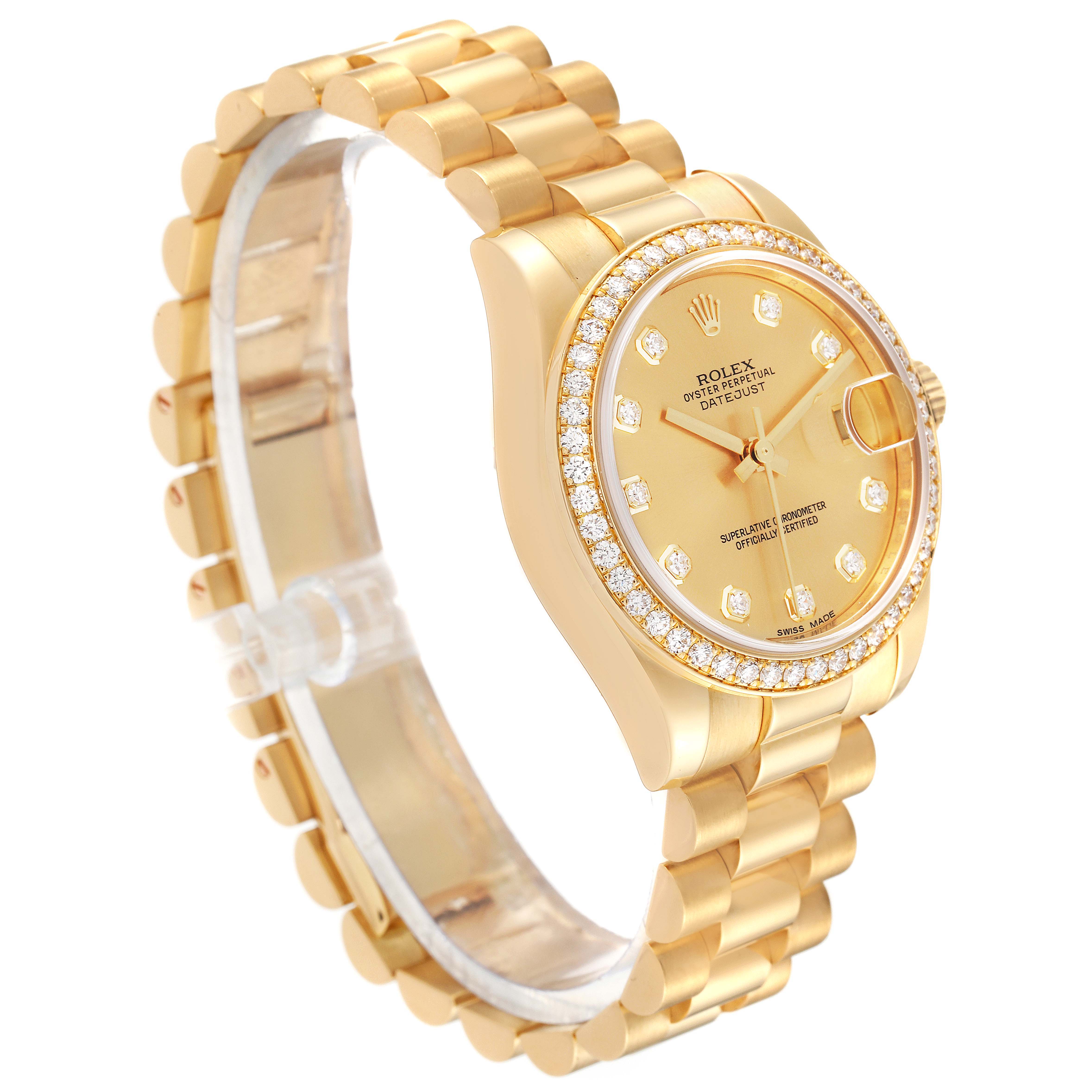 The image shows a side angle of the Rolex President 178288 Women's Yellow Gold Champagne Dial 178288 Women's Yellow Gold Champagne Dial model watch, highlighting its gold bracelet, diamond bezel, and dial.