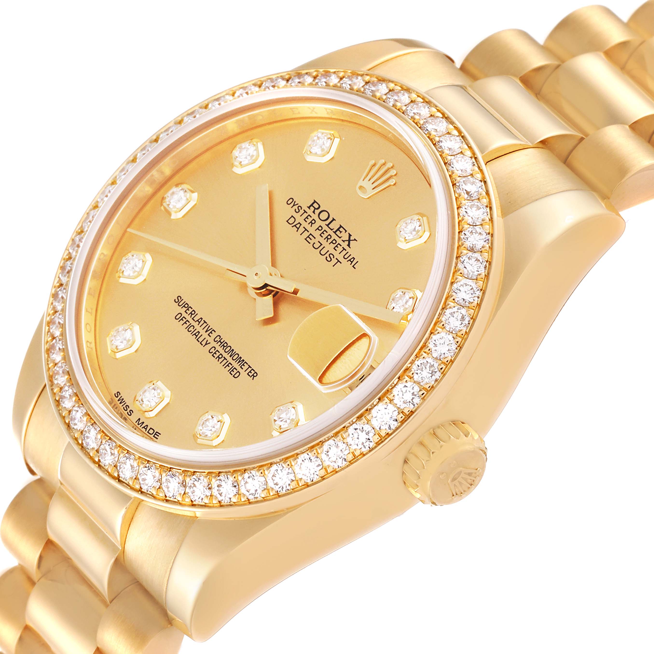 The Rolex President 178288 Women's Yellow Gold Champagne Dial 178288 Women's Yellow Gold Champagne Dial model watch is shown at an angle, highlighting its dial, diamond bezel, crown, and part of the bracelet.