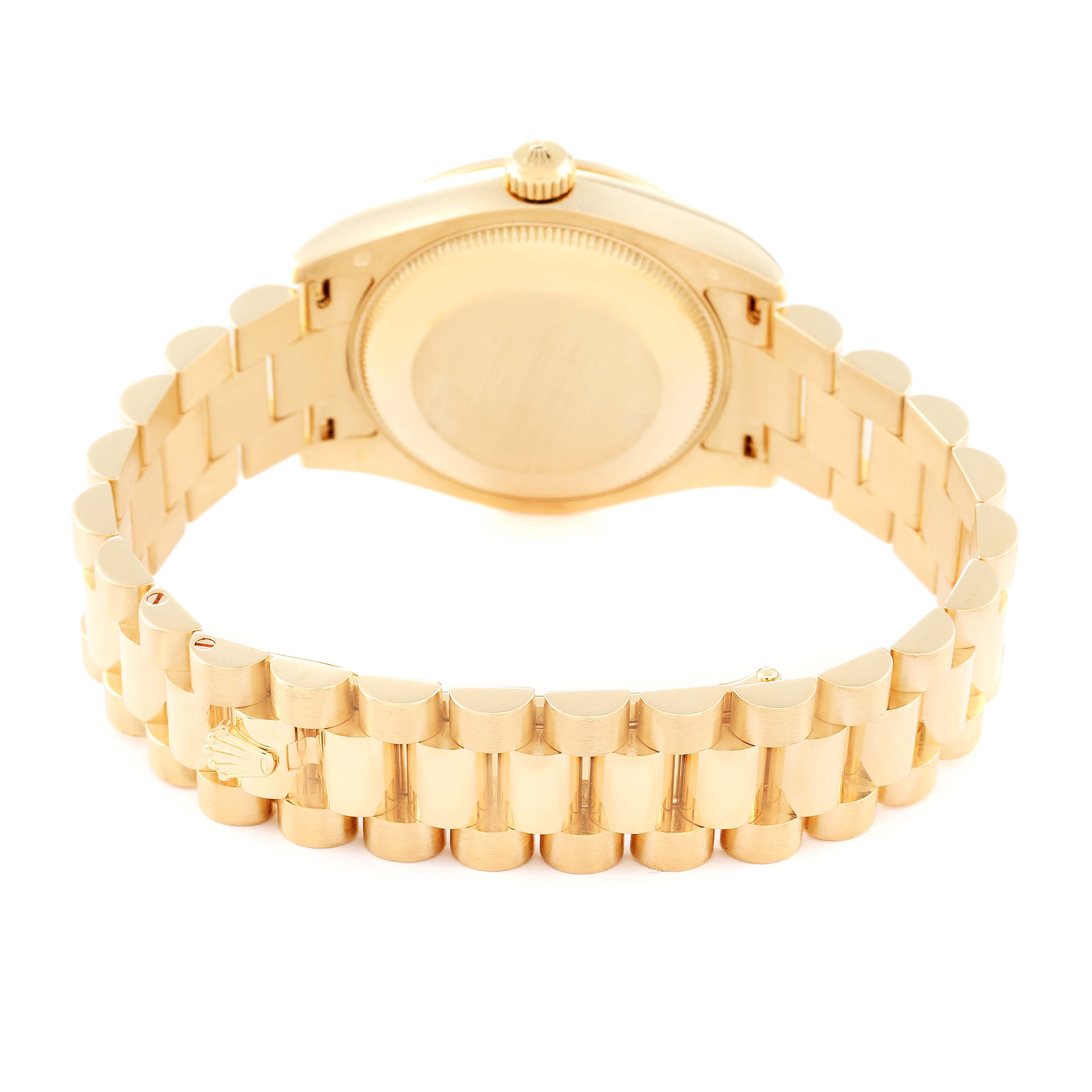 The image shows the back and bracelet of a Rolex President 178288 Women's Yellow Gold Champagne Dial 178288 Women's Yellow Gold Champagne Dial model watch at an angled rear view.
