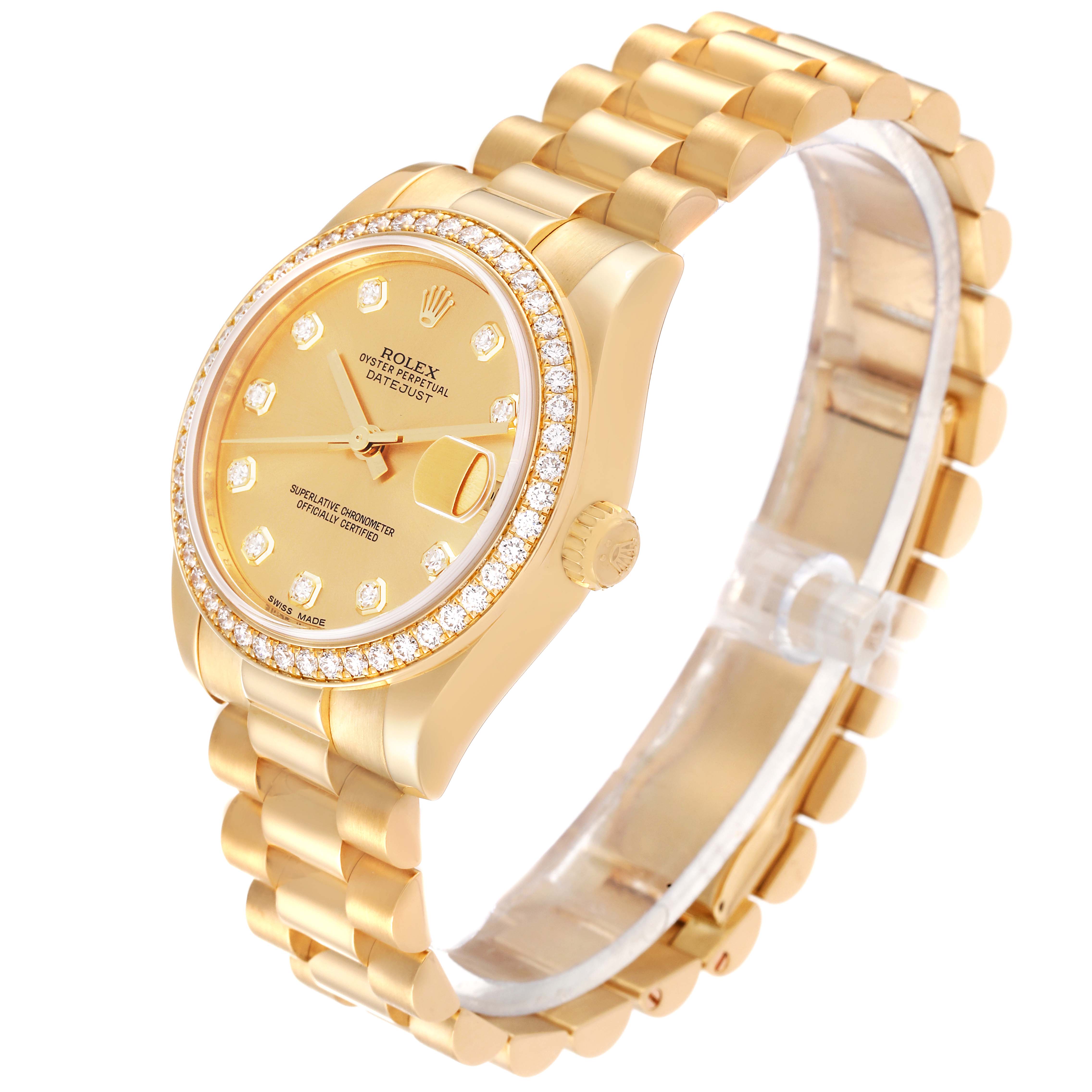 The Rolex President 178288 Women's Yellow Gold Champagne Dial 178288 Women's Yellow Gold Champagne Dial model watch is shown at an angled view highlighting the face, bezel, crown, and bracelet.