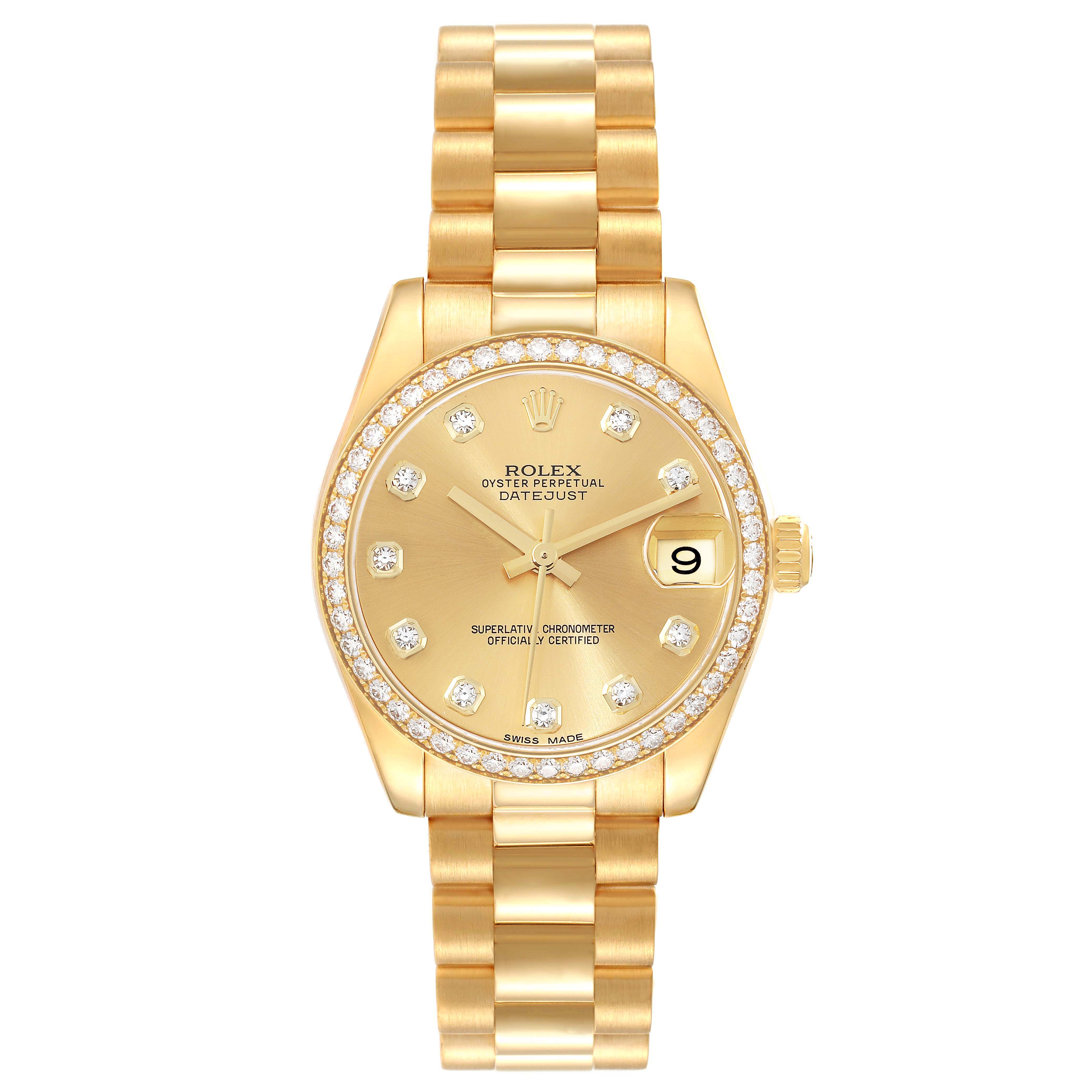 This image shows a front view of the Rolex President 178288 Women's Yellow Gold Champagne Dial 178288 Women's Yellow Gold Champagne Dial model watch, including the dial, bezel, bracelet, and date display.