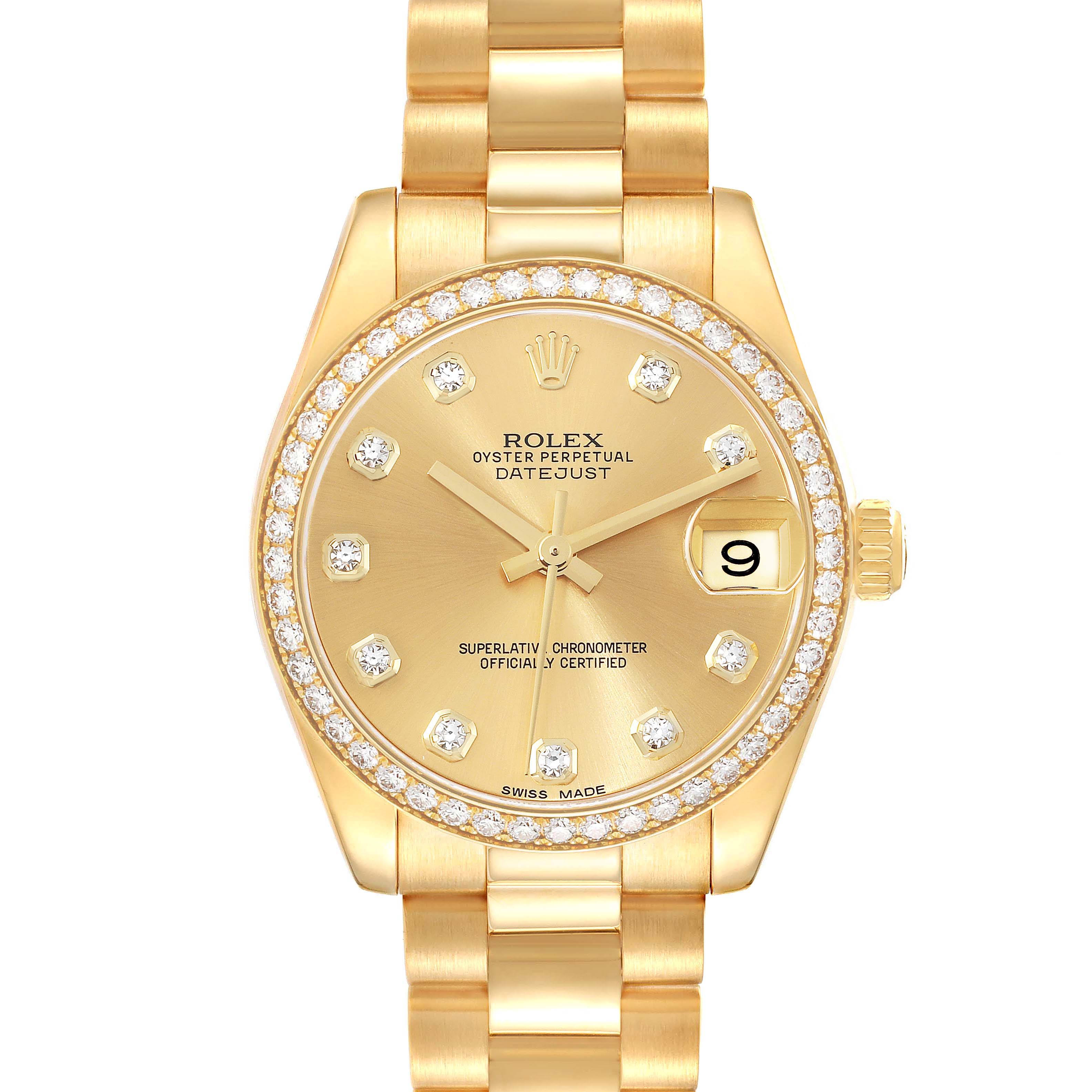 The image shows a front view of the Rolex President 178288 Women's Yellow Gold Champagne Dial 178288 Women's Yellow Gold Champagne Dial Datejust watch, highlighting its gold dial, diamond markers, bracelet, and date function.