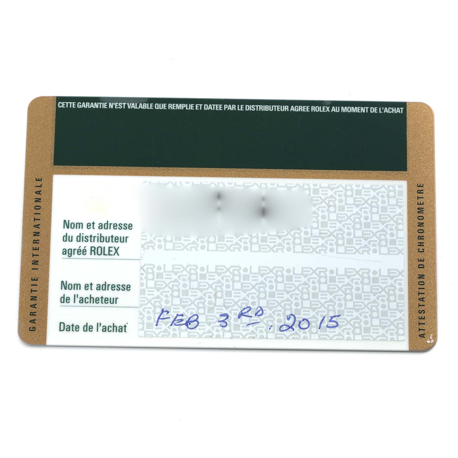 This image shows a warranty card for the Rolex President 178288 Women's Yellow Gold Champagne Dial 178288 Women's Yellow Gold Champagne Dial model with a purchase date of Feb 3rd, 2015.