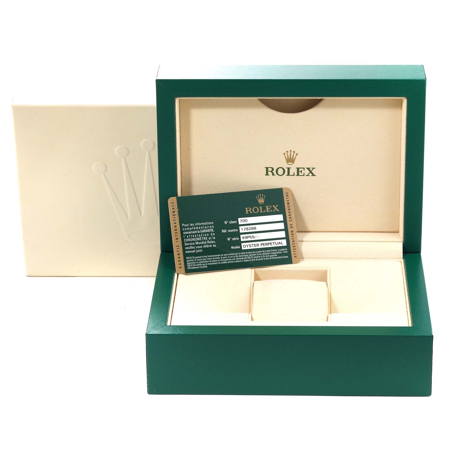 The image shows the packaging and warranty card for a Rolex President 178288 Women's Yellow Gold Champagne Dial 178288 Women's Yellow Gold Champagne Dial model watch.