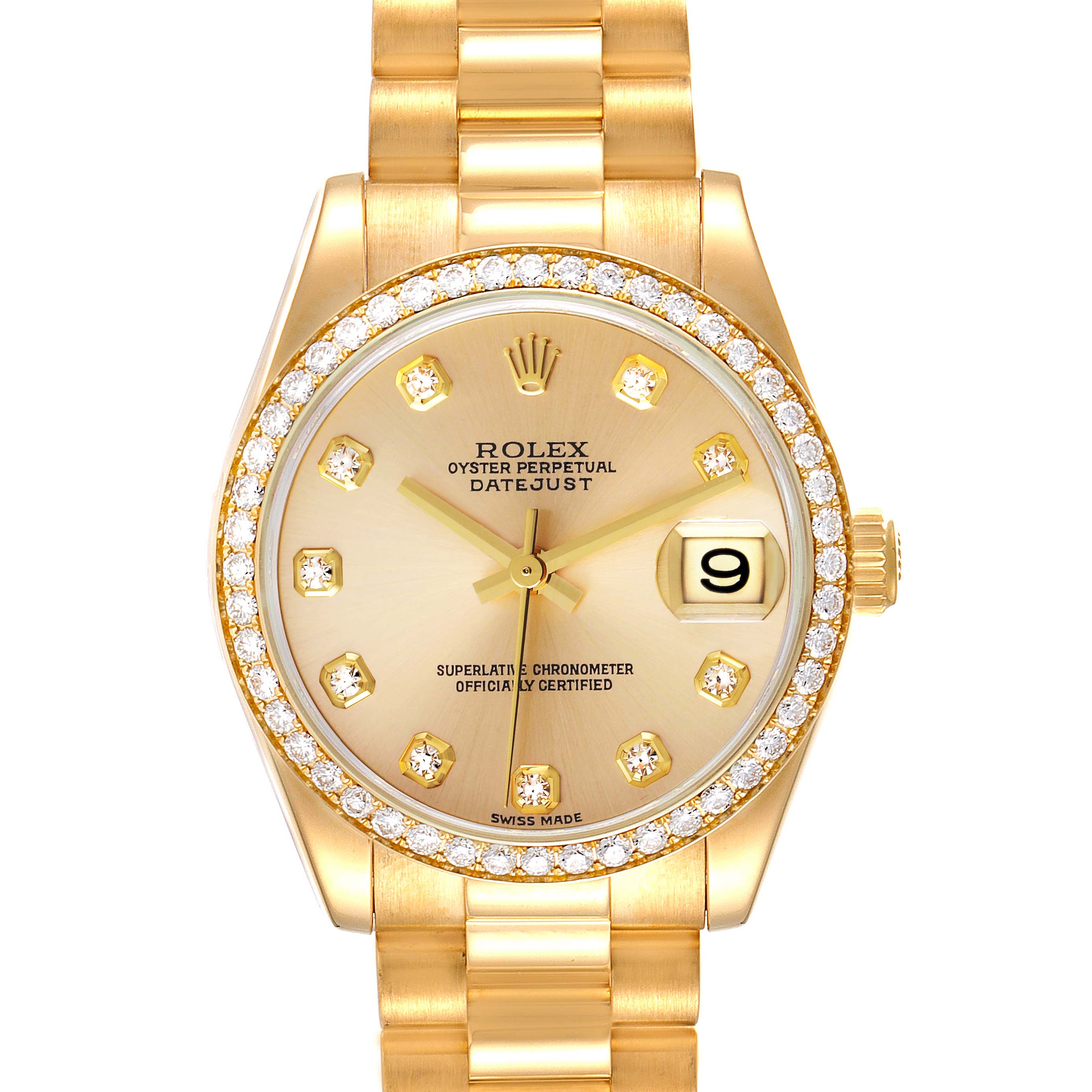 The Rolex President 178288 Women
s Yellow Gold Champagne Dial 178288 Women
s Yellow Gold Champagne Dial model is shown from a front angle displaying its gold dial, diamond bezel, date window, and bracelet.
