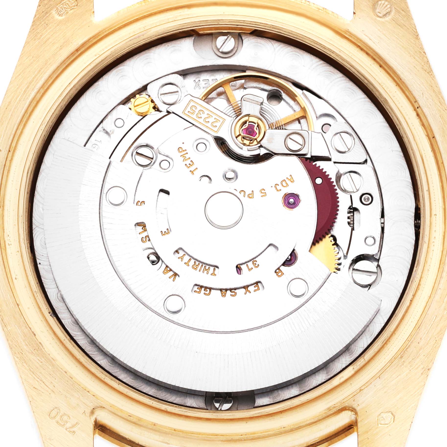 This image shows the internal movement mechanism of a Rolex President 178288 Women
s Yellow Gold Champagne Dial 178288 Women
s Yellow Gold Champagne Dial model watch, viewed from the back.