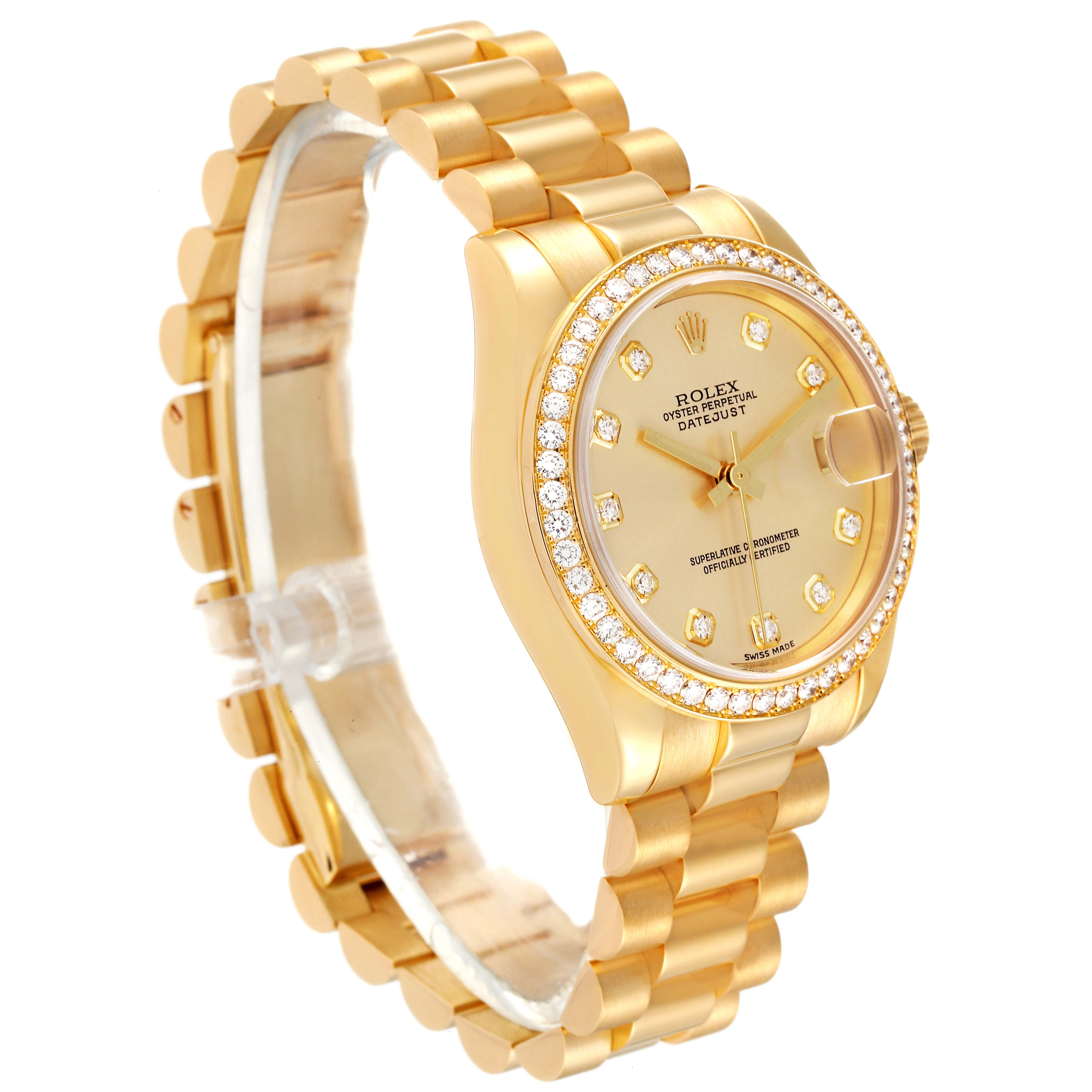 The image shows a Rolex President 178288 Women
s Yellow Gold Champagne Dial 178288 Women
s Yellow Gold Champagne Dial model watch at an angle displaying the dial, bezel, bracelet, and crown.