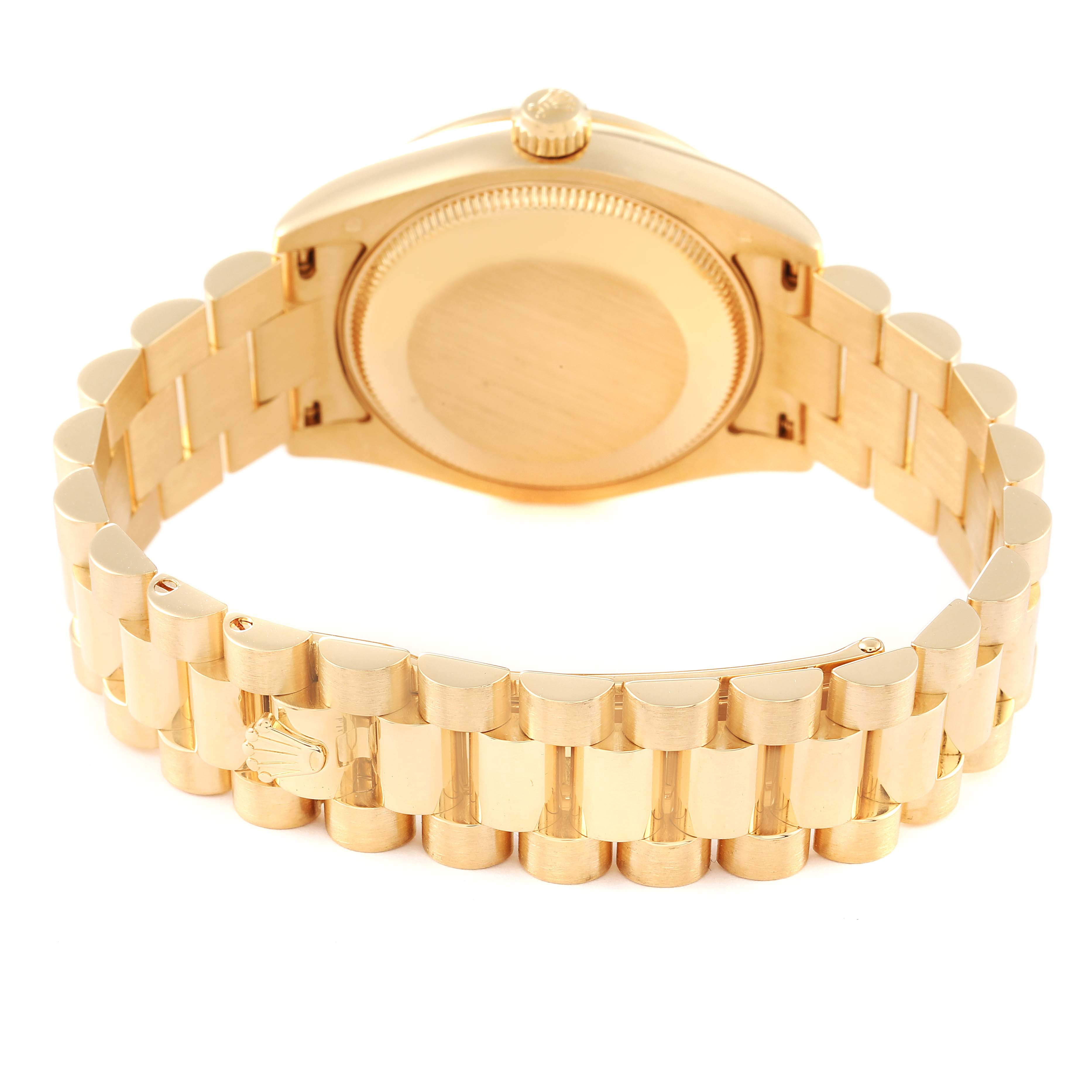 This image shows a rear view of the Rolex President 178288 Women
s Yellow Gold Champagne Dial 178288 Women
s Yellow Gold Champagne Dial model watch, highlighting its gold bracelet and case back.