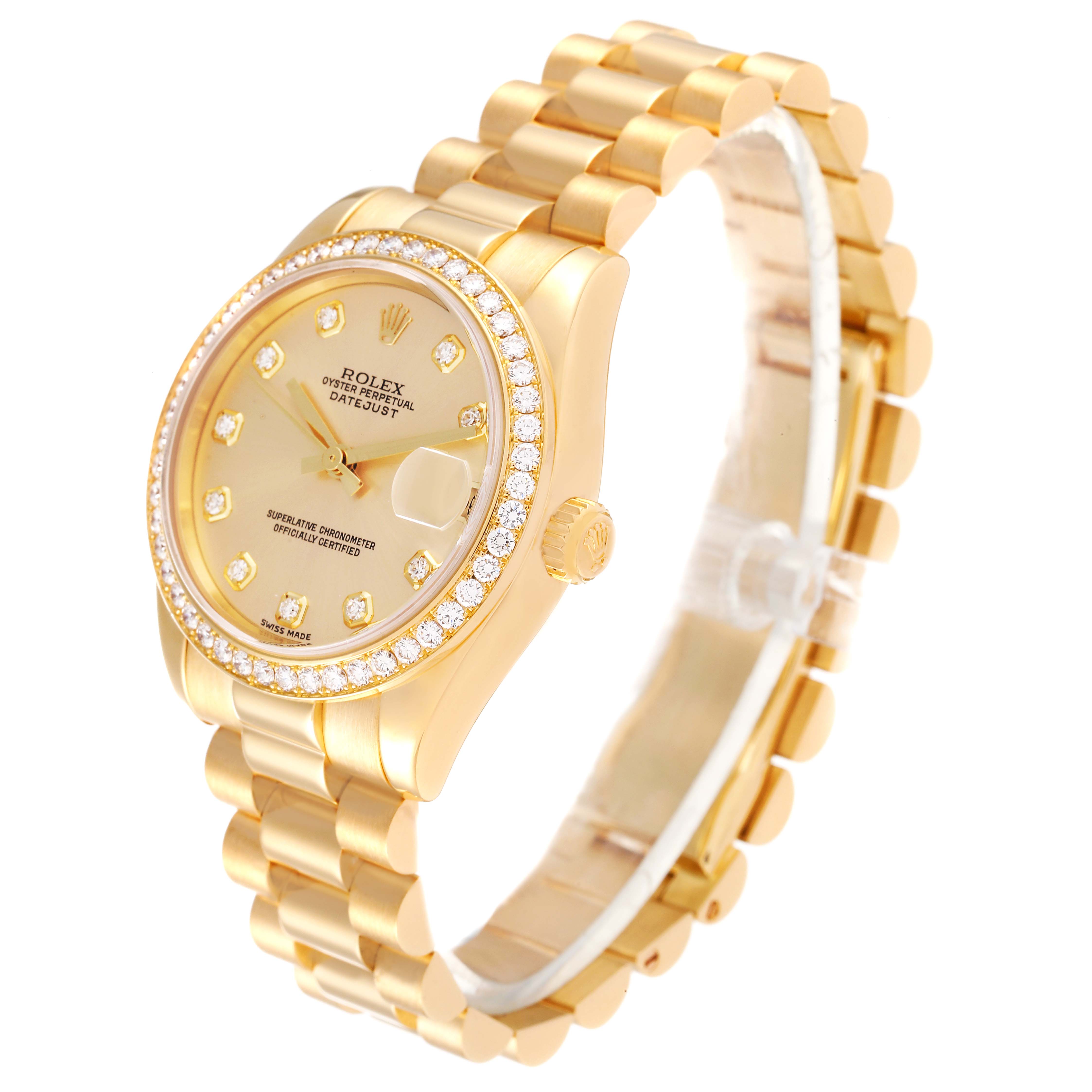 The Rolex President 178288 Women
s Yellow Gold Champagne Dial 178288 Women
s Yellow Gold Champagne Dial model is shown at a three-quarter angle, highlighting the face, bracelet, and bejeweled bezel.