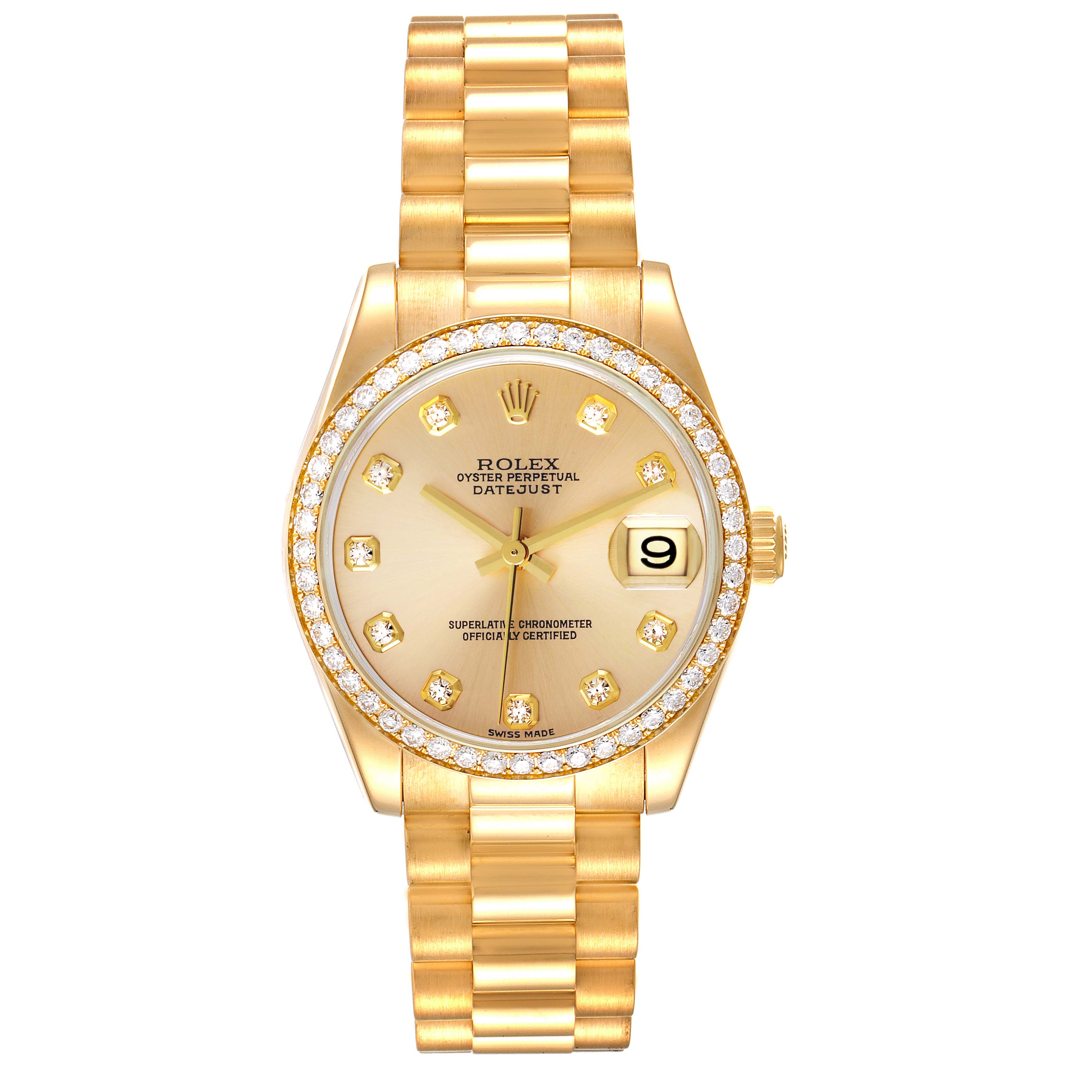 The image shows a frontal view of a gold Rolex President 178288 Women
s Yellow Gold Champagne Dial 178288 Women
s Yellow Gold Champagne Dial model watch with a diamond bezel and a gold bracelet.