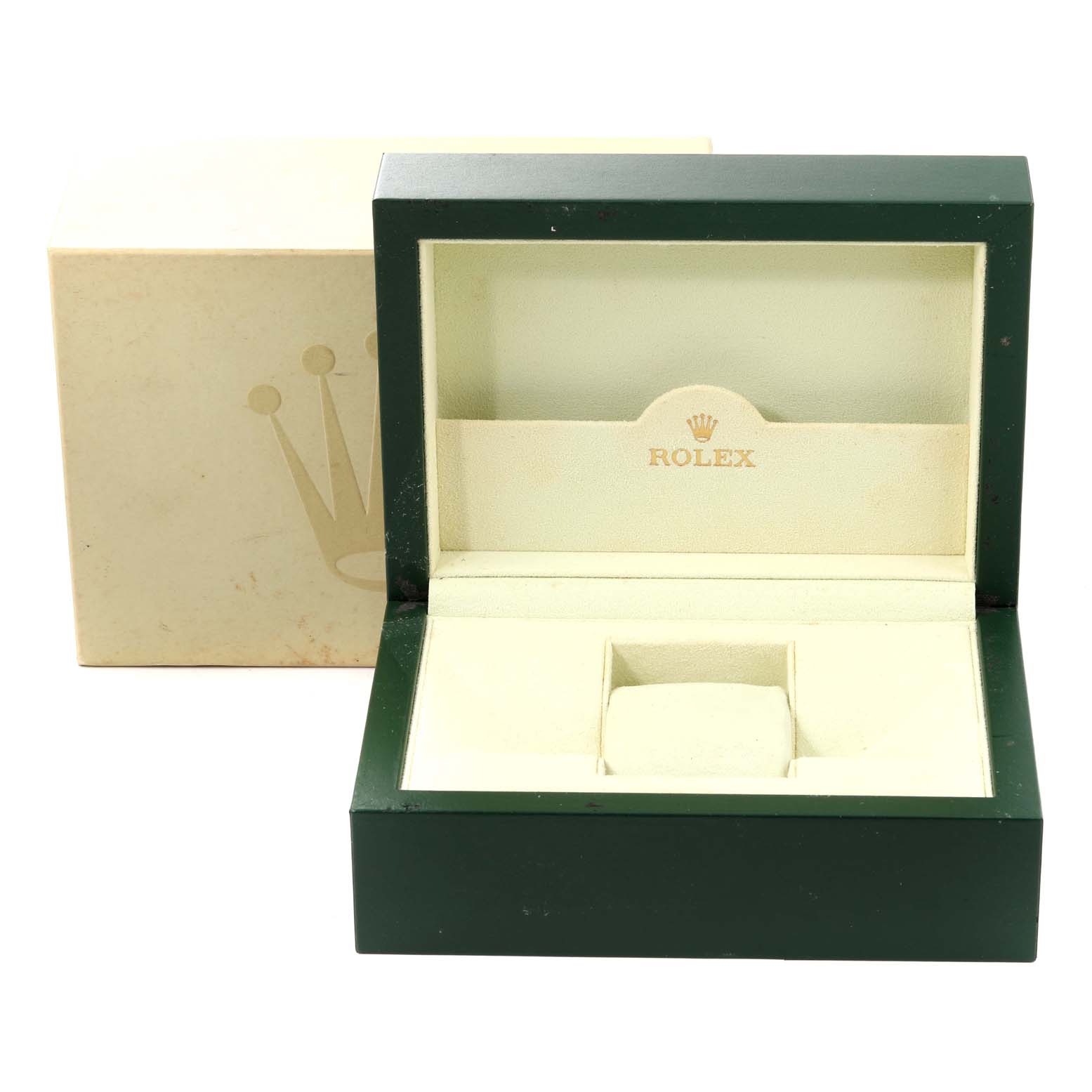 The image shows an empty Rolex President 178288 Women
s Yellow Gold Champagne Dial 178288 Women
s Yellow Gold Champagne Dial model watch box, open to display its interior, alongside the outer packaging.