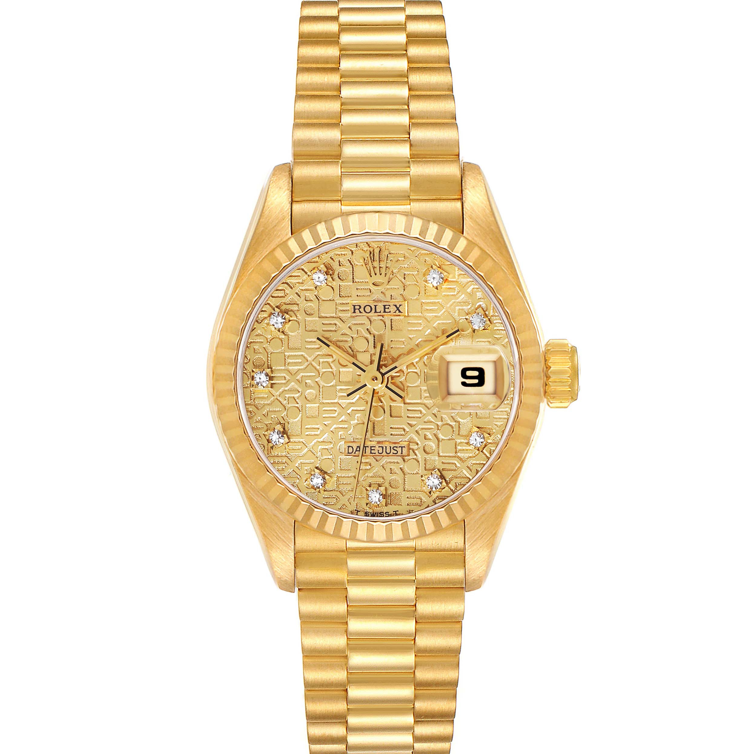 This image shows a frontal view of the Rolex President 69178G Women's Yellow Gold Champagne Dial 69178G Women's Yellow Gold Champagne Dial Datejust watch, highlighting its gold band and face with a date display.