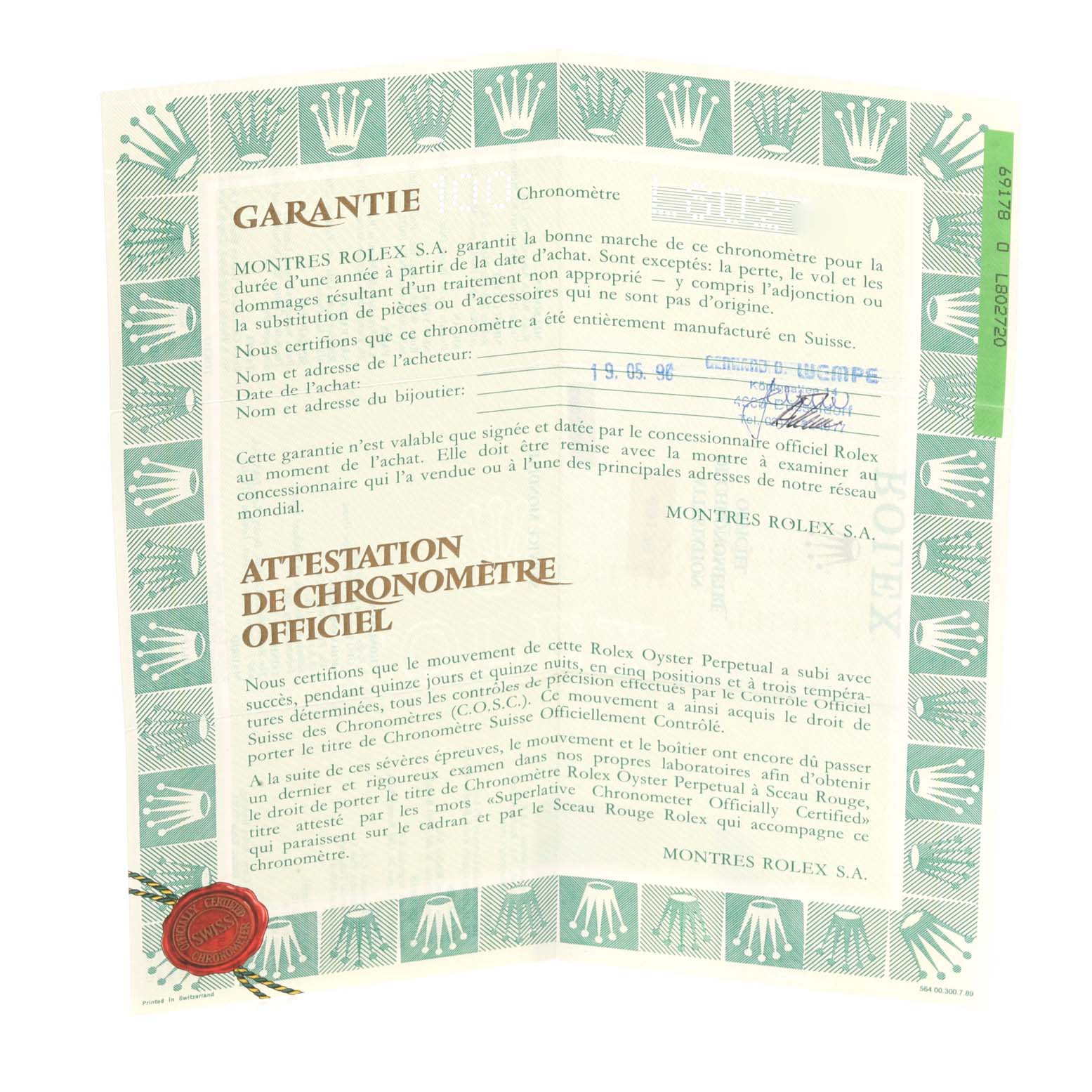 This is the warranty and official chronometer certification for a Rolex President 69178G Women's Yellow Gold Champagne Dial 69178G Women's Yellow Gold Champagne Dial model watch, shown from a top-down angle.