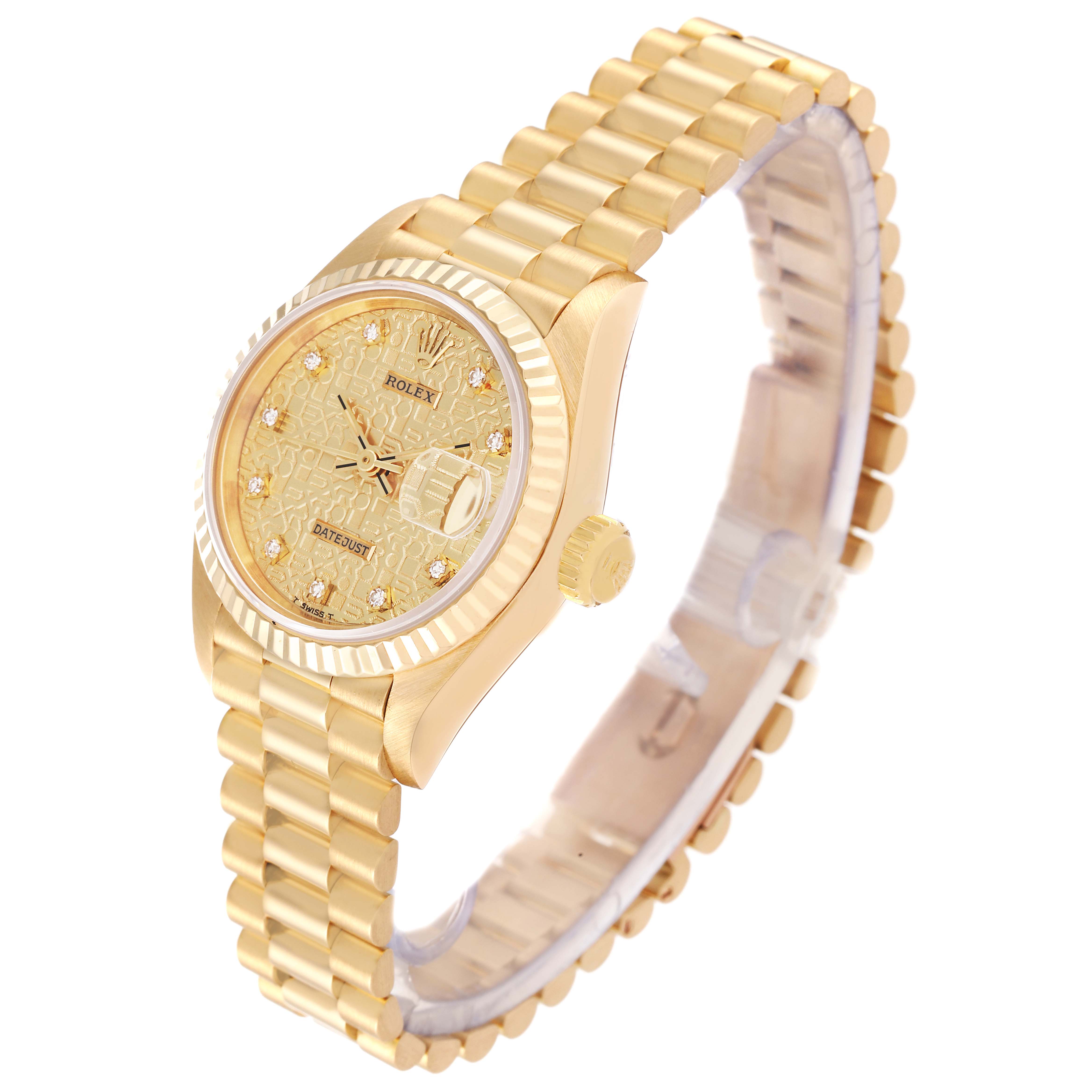 The image shows a side angle view of a Rolex President 69178G Women's Yellow Gold Champagne Dial 69178G Women's Yellow Gold Champagne Dial model watch, highlighting the dial, bezel, crown, and bracelet.