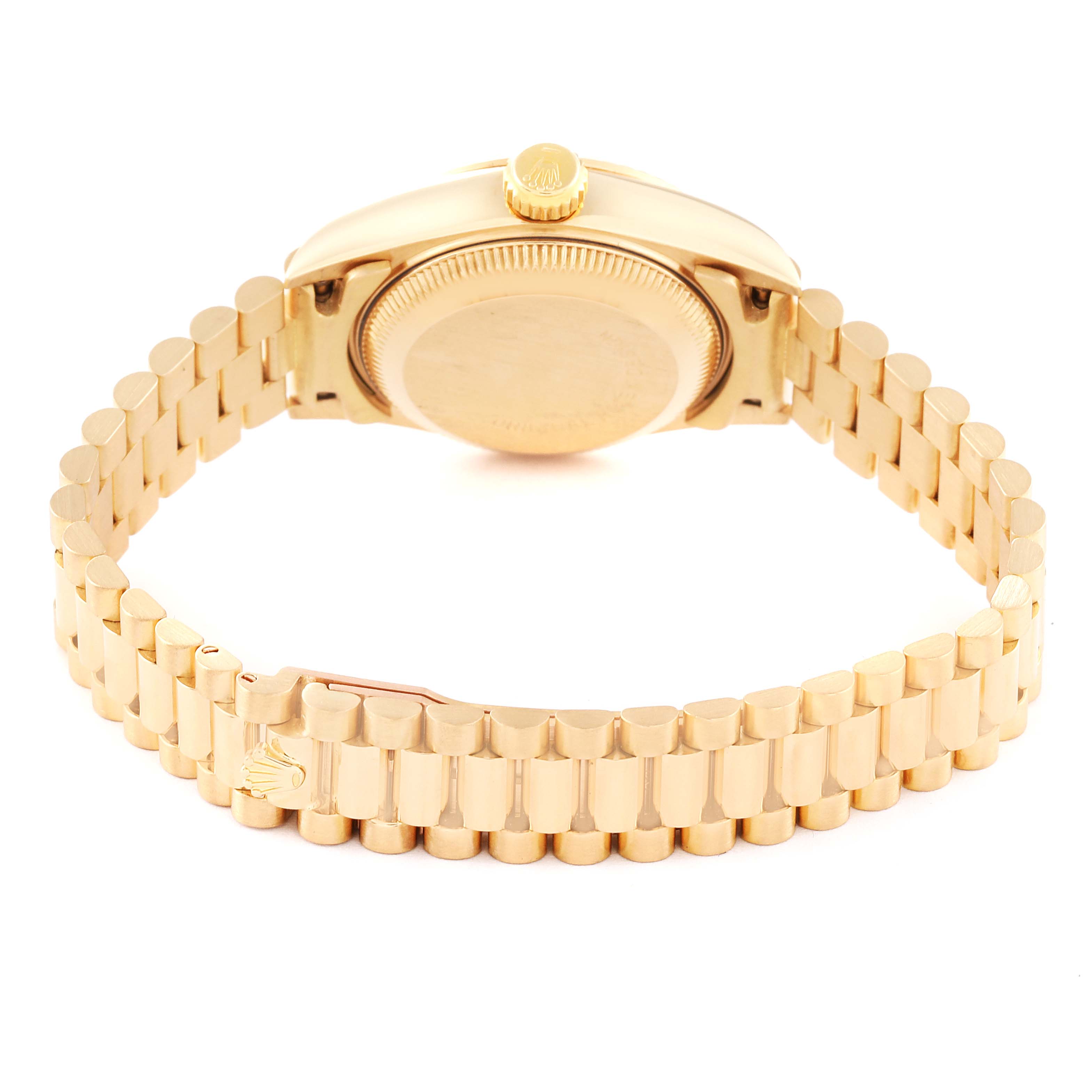 The image shows the back case and bracelet of a Rolex President 69178G Women's Yellow Gold Champagne Dial 69178G Women's Yellow Gold Champagne Dial model watch from a rear angle.