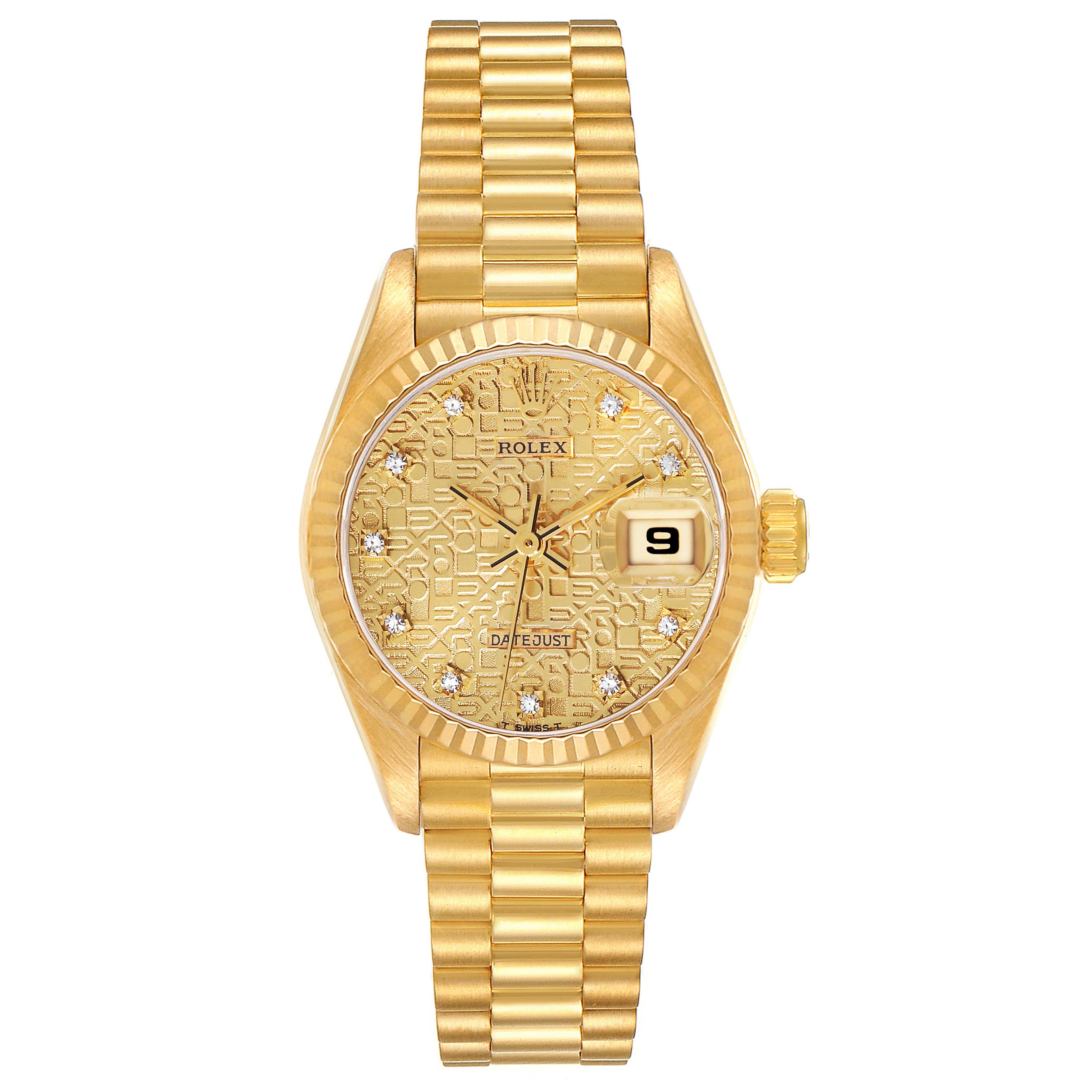 This is a front view of a gold Rolex President 69178G Women's Yellow Gold Champagne Dial 69178G Women's Yellow Gold Champagne Dial model watch, displaying the dial, hands, date window, and bracelet.