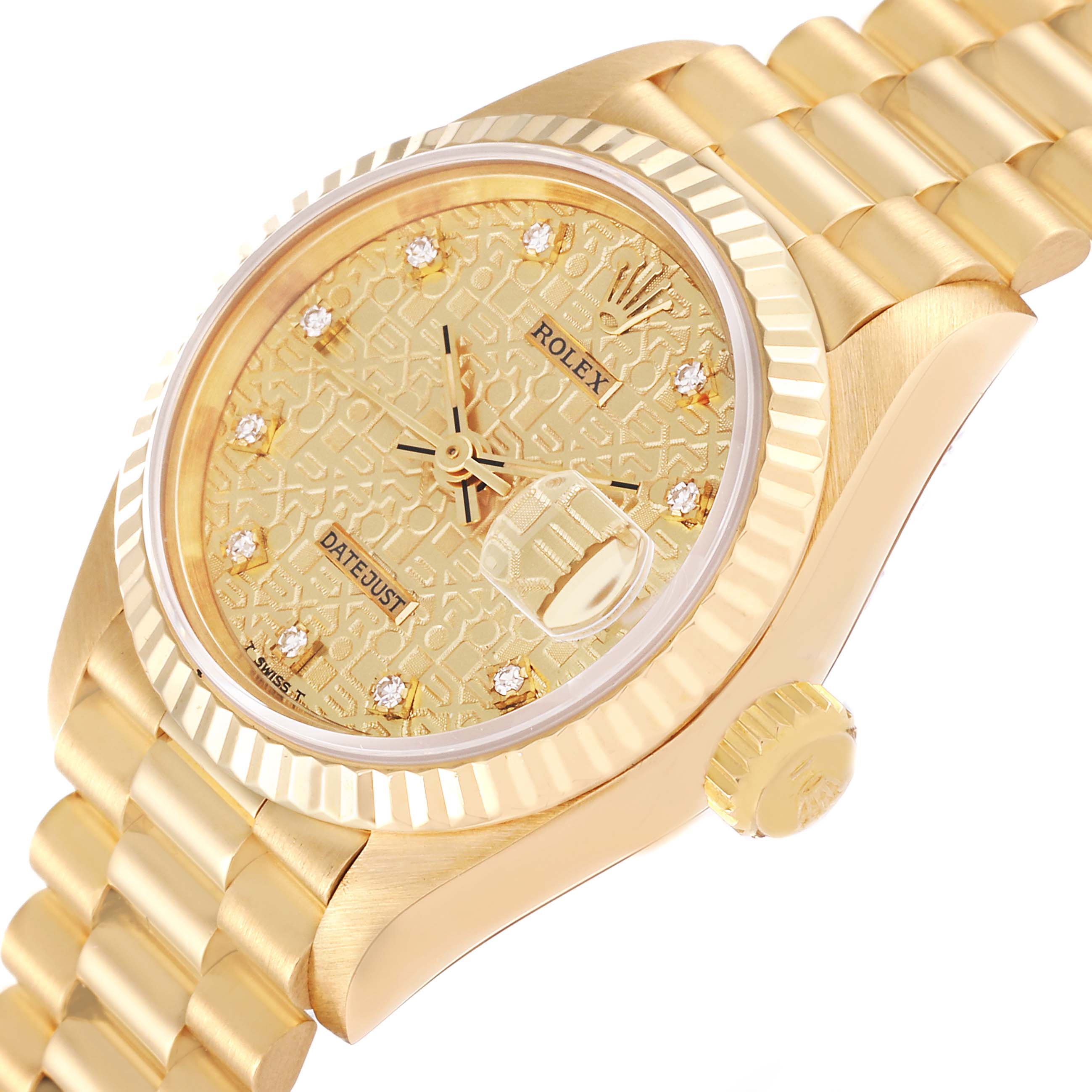 The image shows a Rolex President 69178G Women's Yellow Gold Champagne Dial 69178G Women's Yellow Gold Champagne Dial model watch at an angled view, highlighting its detailed face, crown, and part of the bracelet.