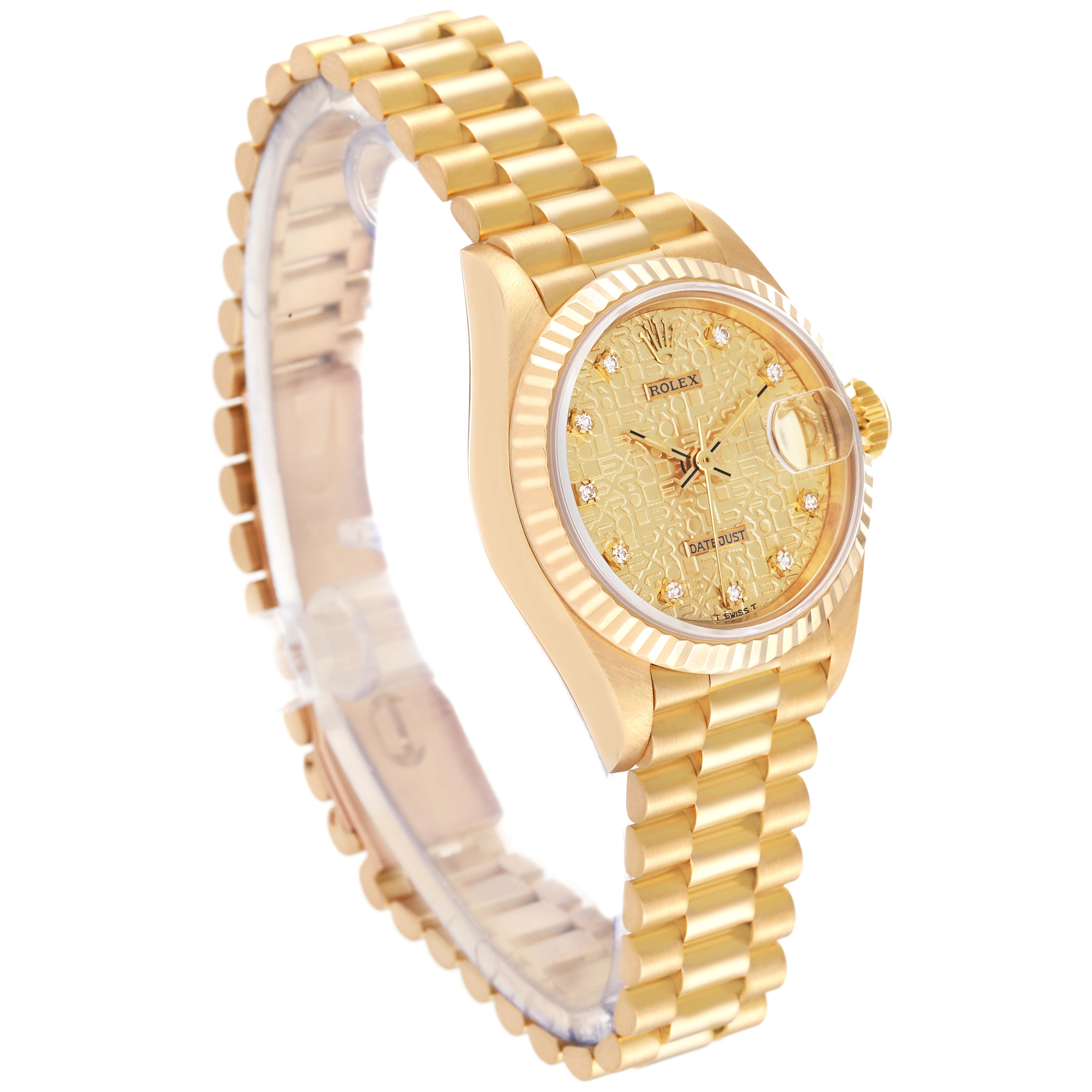 The image shows a side angle of a Rolex President 69178G Women's Yellow Gold Champagne Dial 69178G Women's Yellow Gold Champagne Dial model watch displaying the gold band, case, and detailed dial with diamond markers.