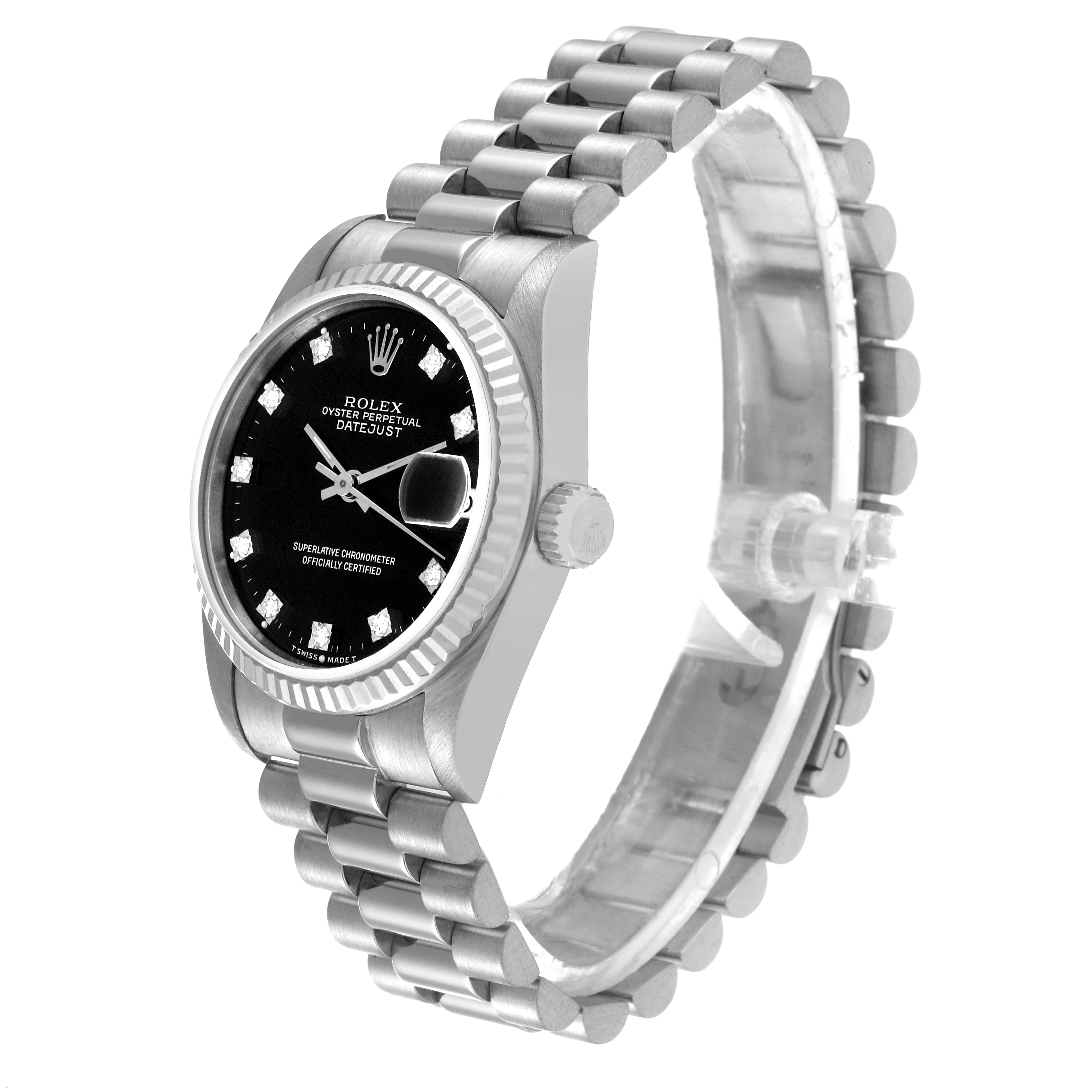 The Rolex President 68279 Women's White Gold Black Dial 68279 Women's White Gold Black Dial model watch is shown at a slight angle, displaying its face, crown, and the band.