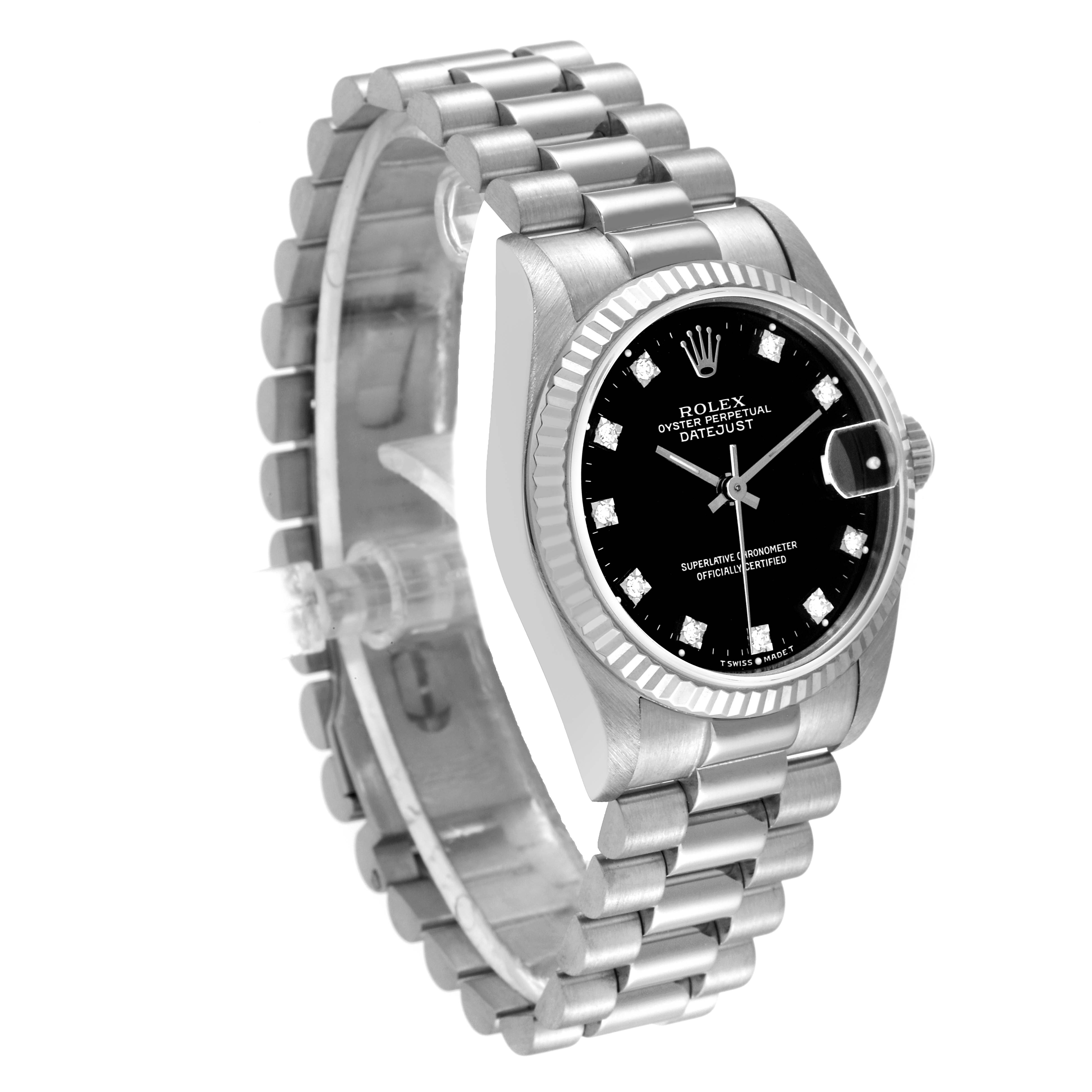 The image shows a Rolex President 68279 Women's White Gold Black Dial 68279 Women's White Gold Black Dial model watch at a slight angle, highlighting the black dial, fluted bezel, and signature bracelet.