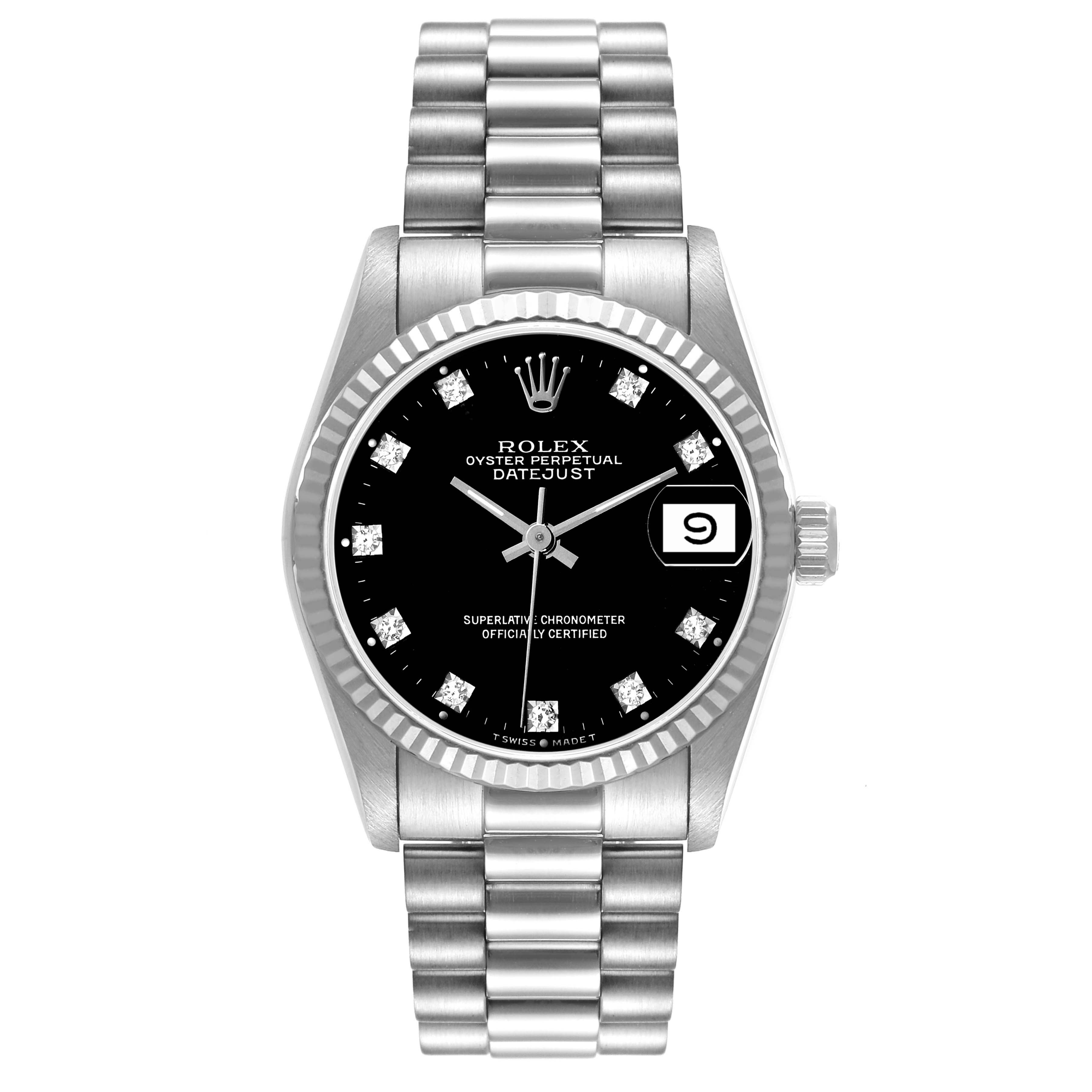 This image shows a front view of the Rolex President 68279 Women's White Gold Black Dial 68279 Women's White Gold Black Dial model watch, displaying its dial, bezel, bracelet, and crown.