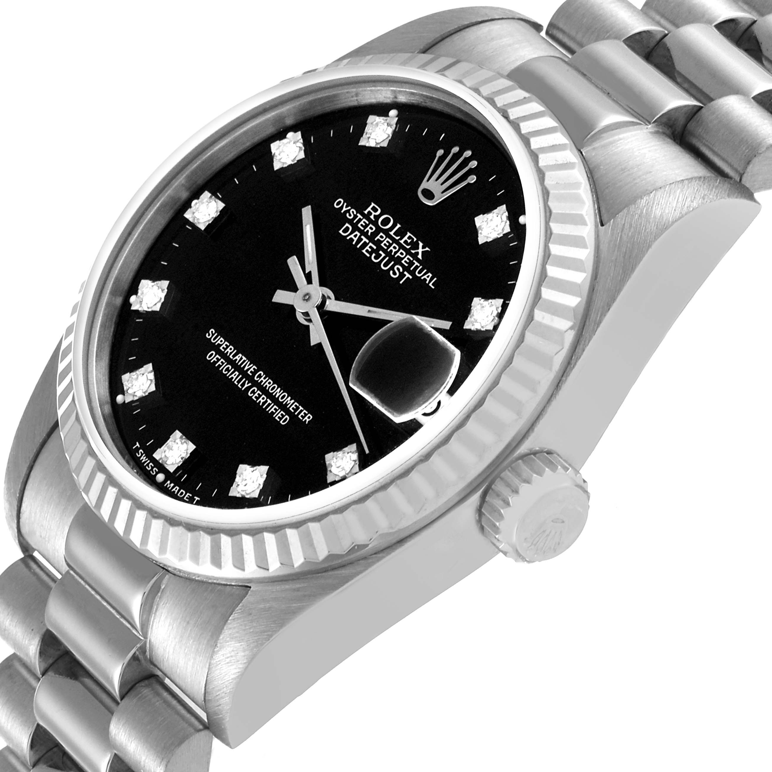 This image shows a close-up view of the Rolex President 68279 Women's White Gold Black Dial 68279 Women's White Gold Black Dial model, highlighting the face, bezel, crown, and part of the bracelet.